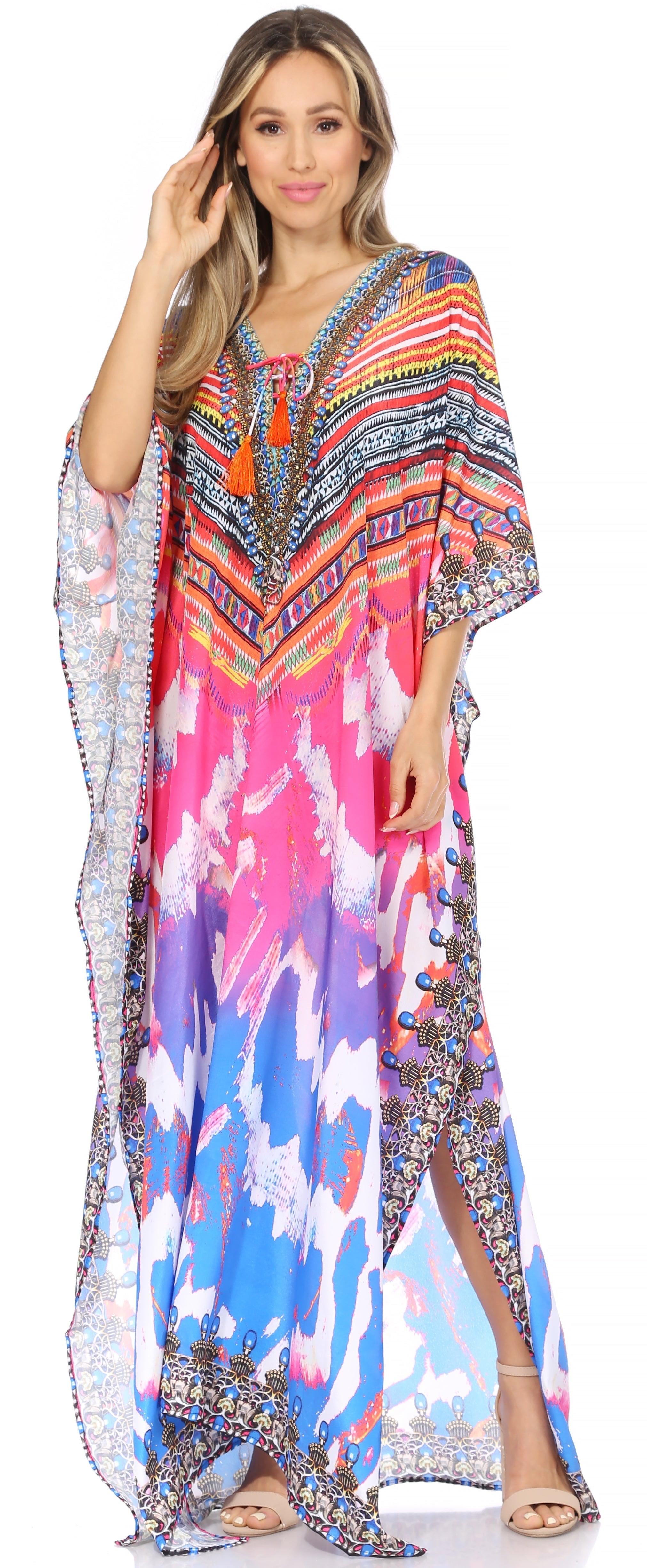 Sakkas Georgettina Flowy Rhinestone V Neck Long Caftan Dress/Cover Up Sakkas Store
