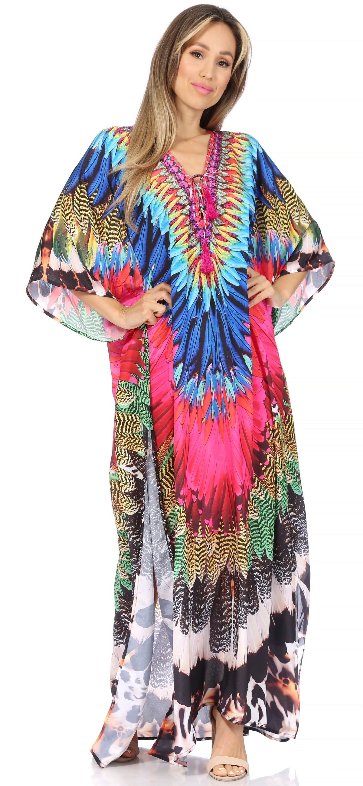 Sakkas Georgettina Flowy Rhinestone V Neck Long Caftan Dress/Cover Up Sakkas Store