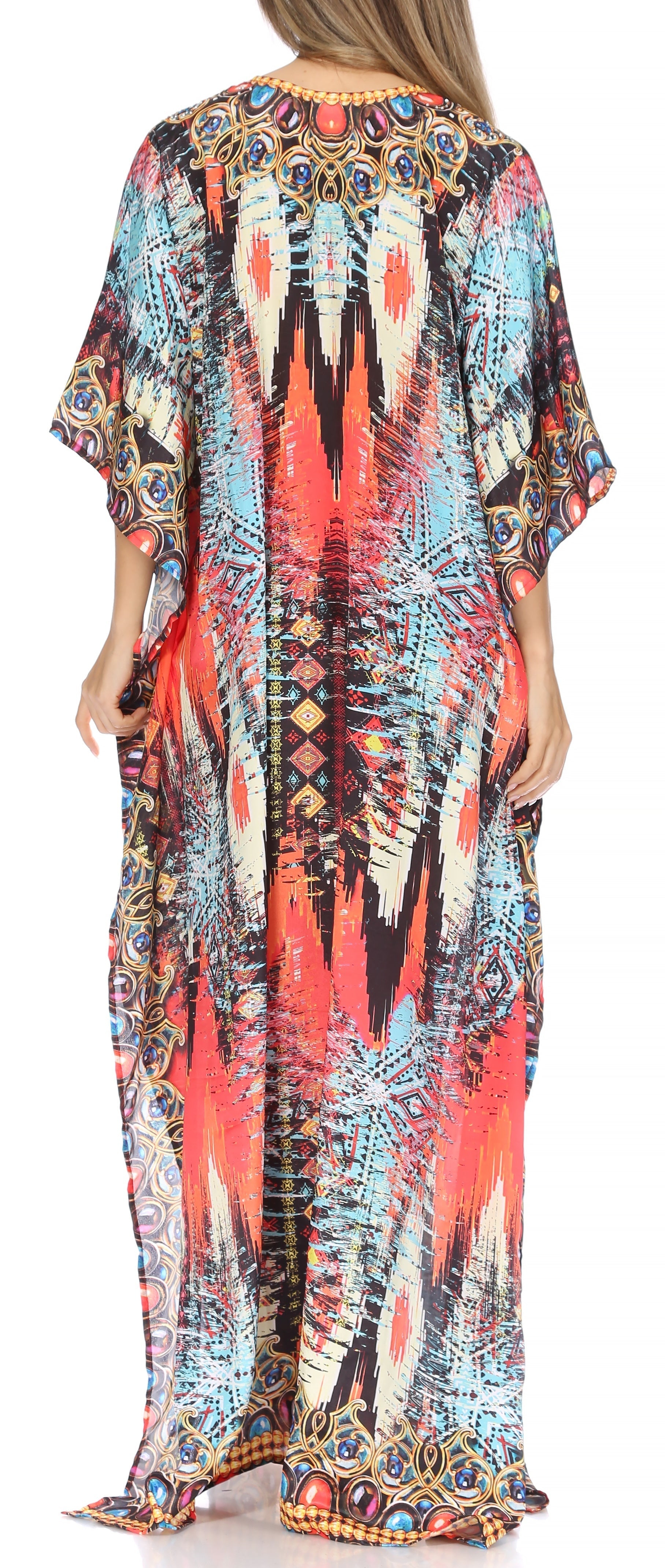 Sakkas Georgettina Flowy Rhinestone V Neck Long Caftan Dress/Cover Up Sakkas Store