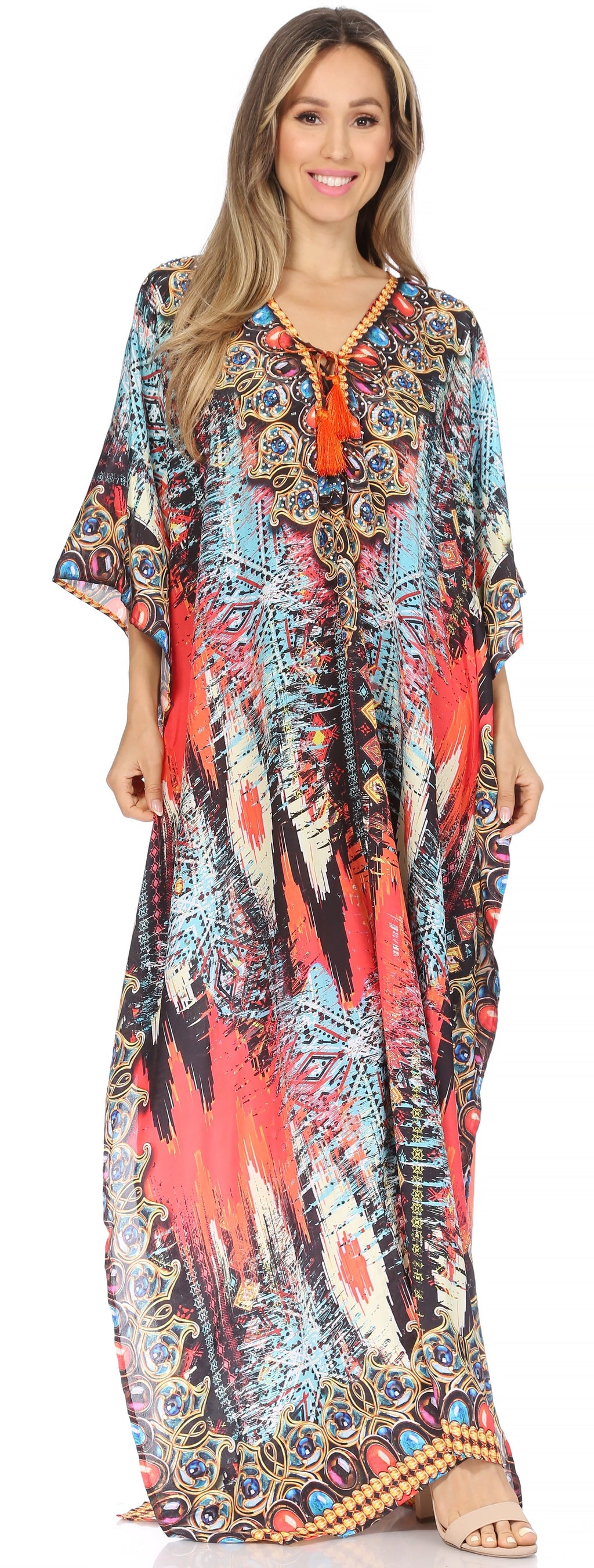 Sakkas Georgettina Flowy Rhinestone V Neck Long Caftan Dress/Cover Up Sakkas Store