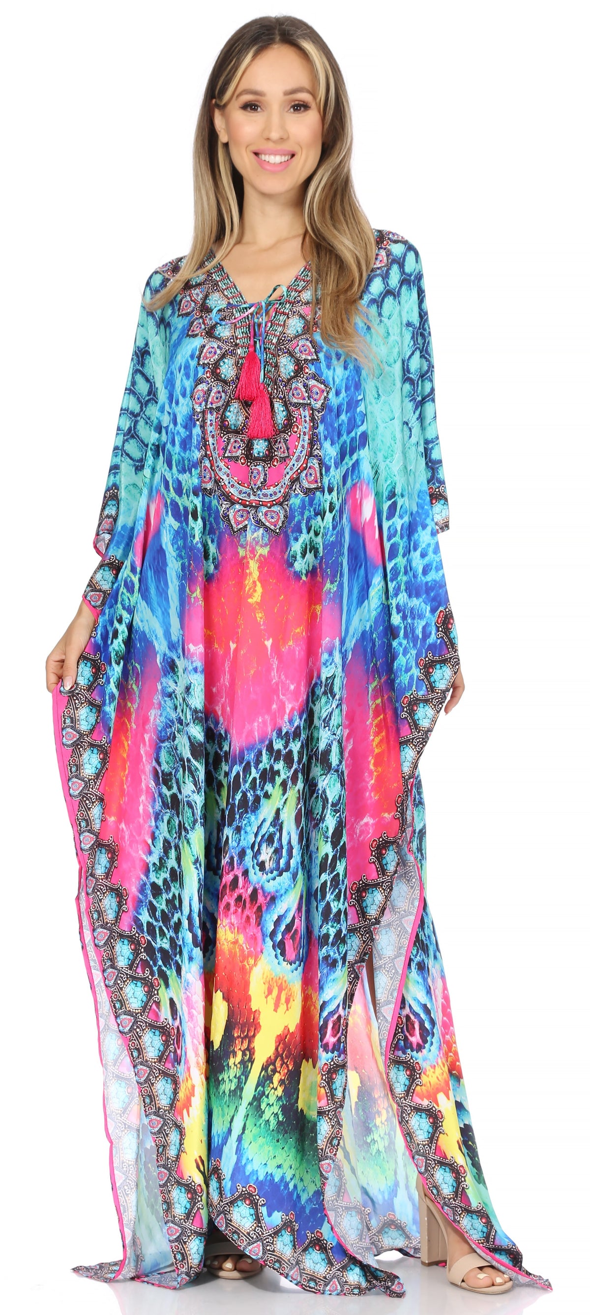 Sakkas Georgettina Flowy Rhinestone V Neck Long Caftan Dress/Cover Up Sakkas Store
