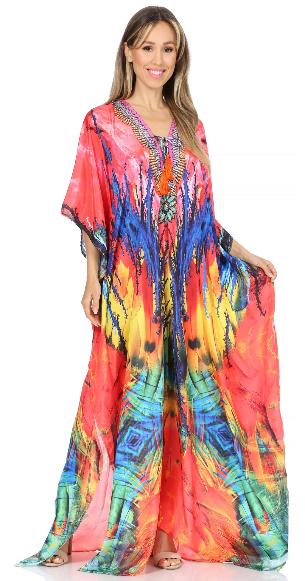 Sakkas Georgettina Flowy Rhinestone V Neck Long Caftan Dress/Cover Up Sakkas Store