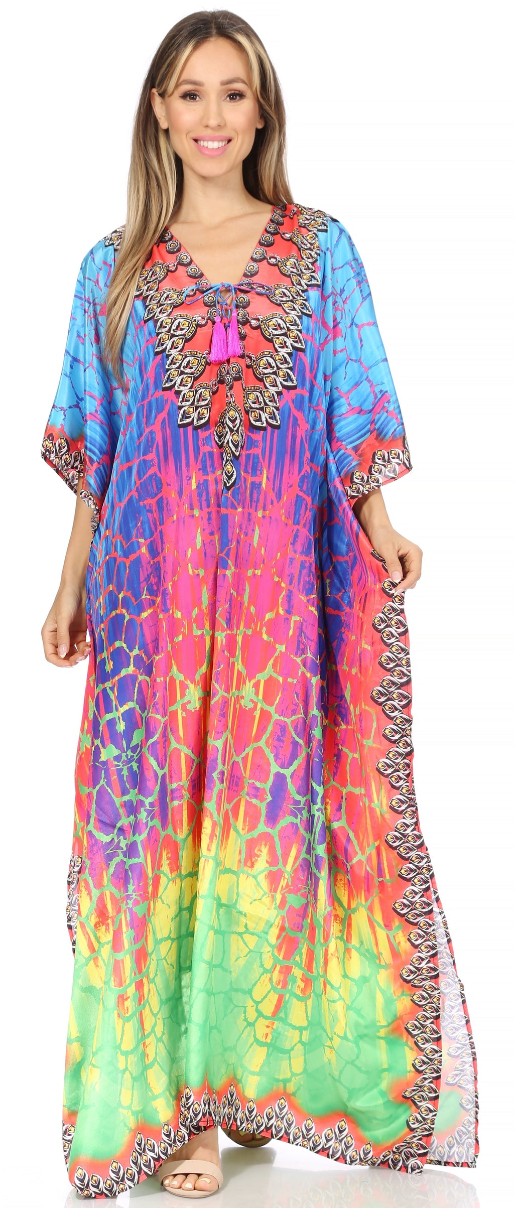 Sakkas Georgettina Flowy Rhinestone V Neck Long Caftan Dress/Cover Up Sakkas Store