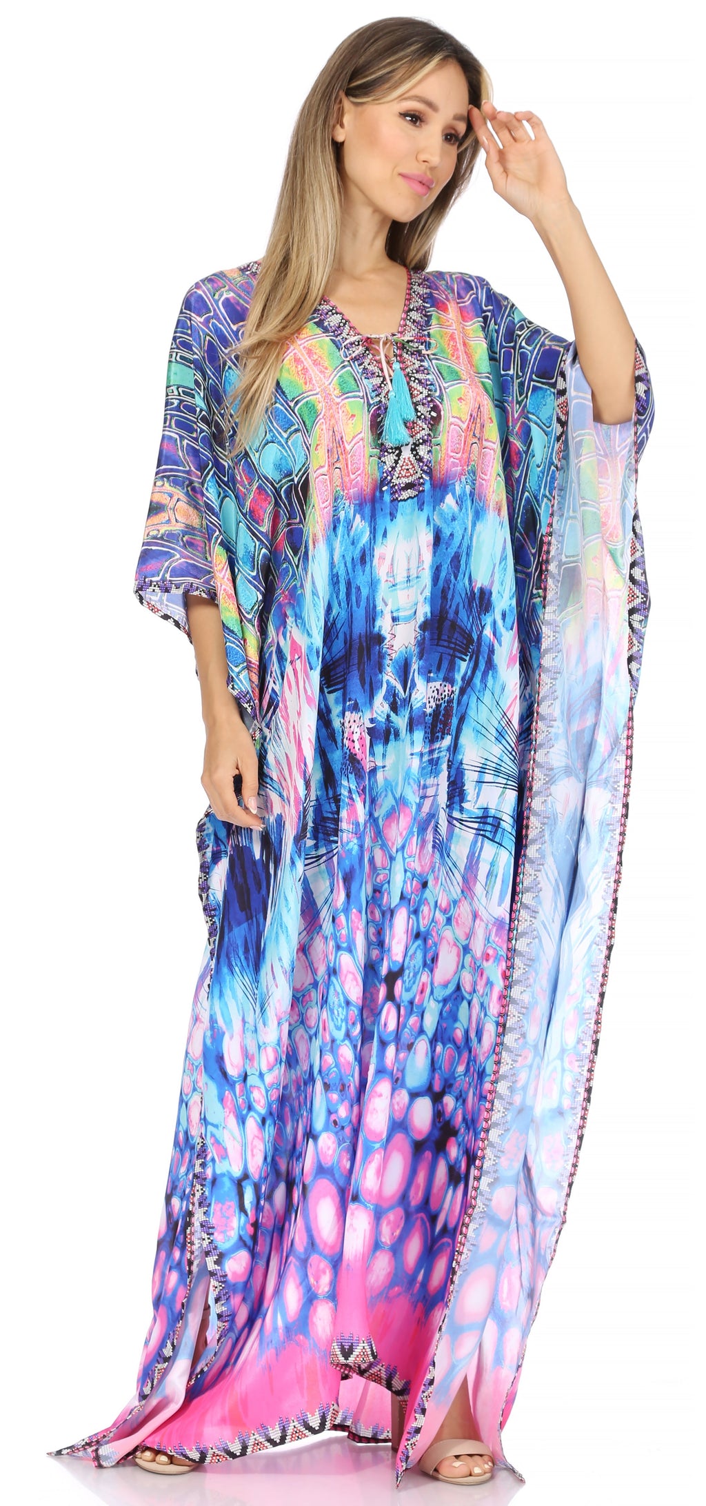 Sakkas Georgettina Flowy Rhinestone V Neck Long Caftan Dress/Cover Up Sakkas Store
