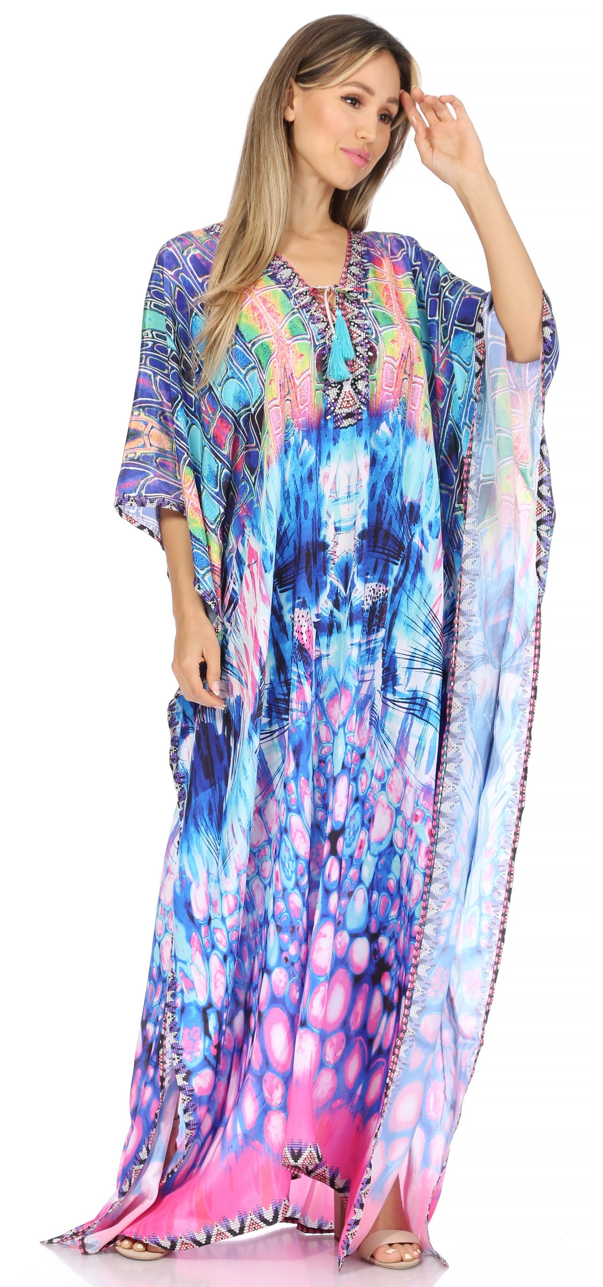 Sakkas Georgettina Flowy Rhinestone V Neck Long Caftan Dress/Cover Up Sakkas Store