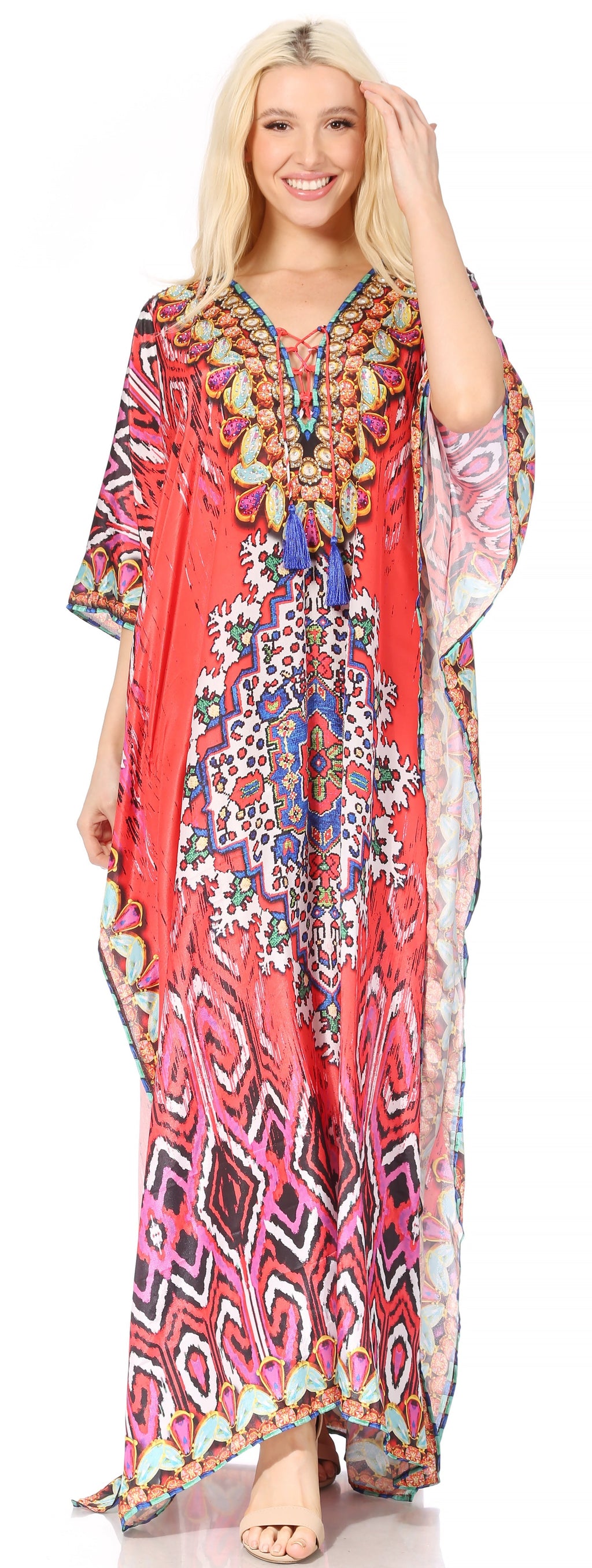 Sakkas Georgettina Flowy Rhinestone V Neck Long Caftan Dress/Cover Up Sakkas Store