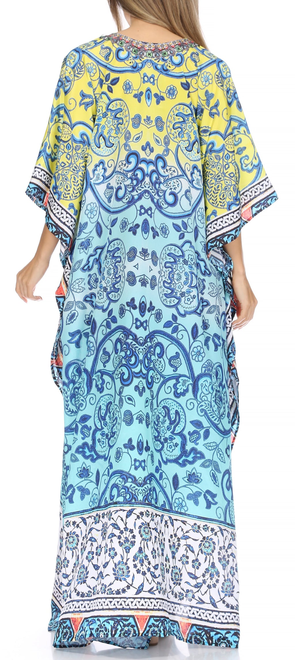 Sakkas Georgettina Flowy Rhinestone V Neck Long Caftan Dress/Cover Up Sakkas Store