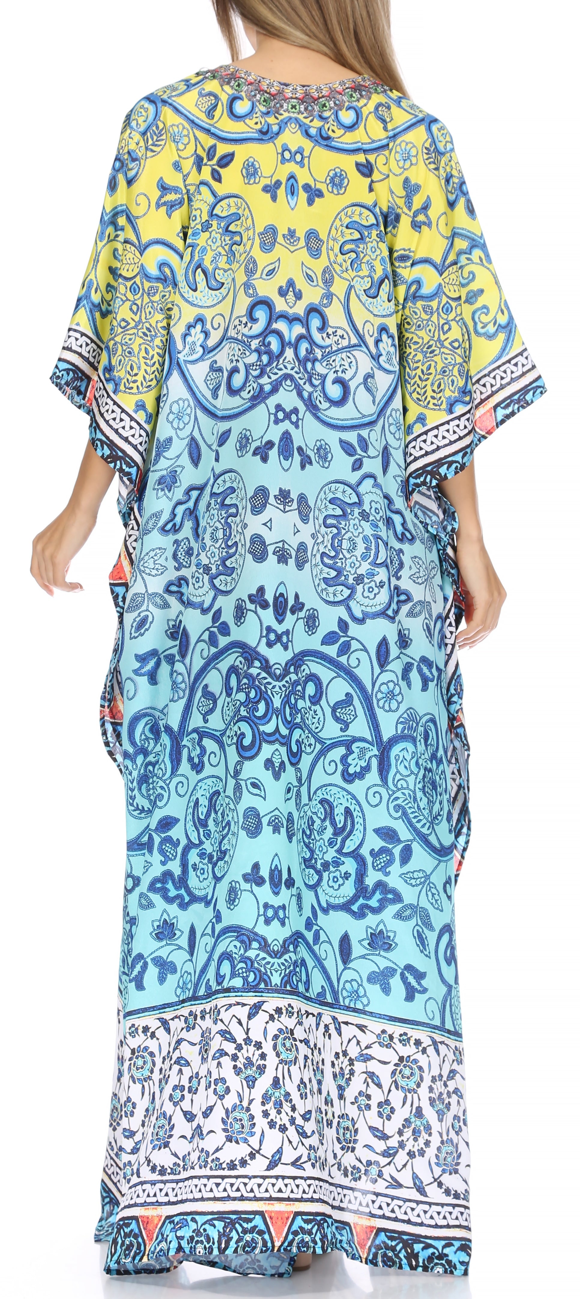 Sakkas Georgettina Flowy Rhinestone V Neck Long Caftan Dress/Cover Up Sakkas Store