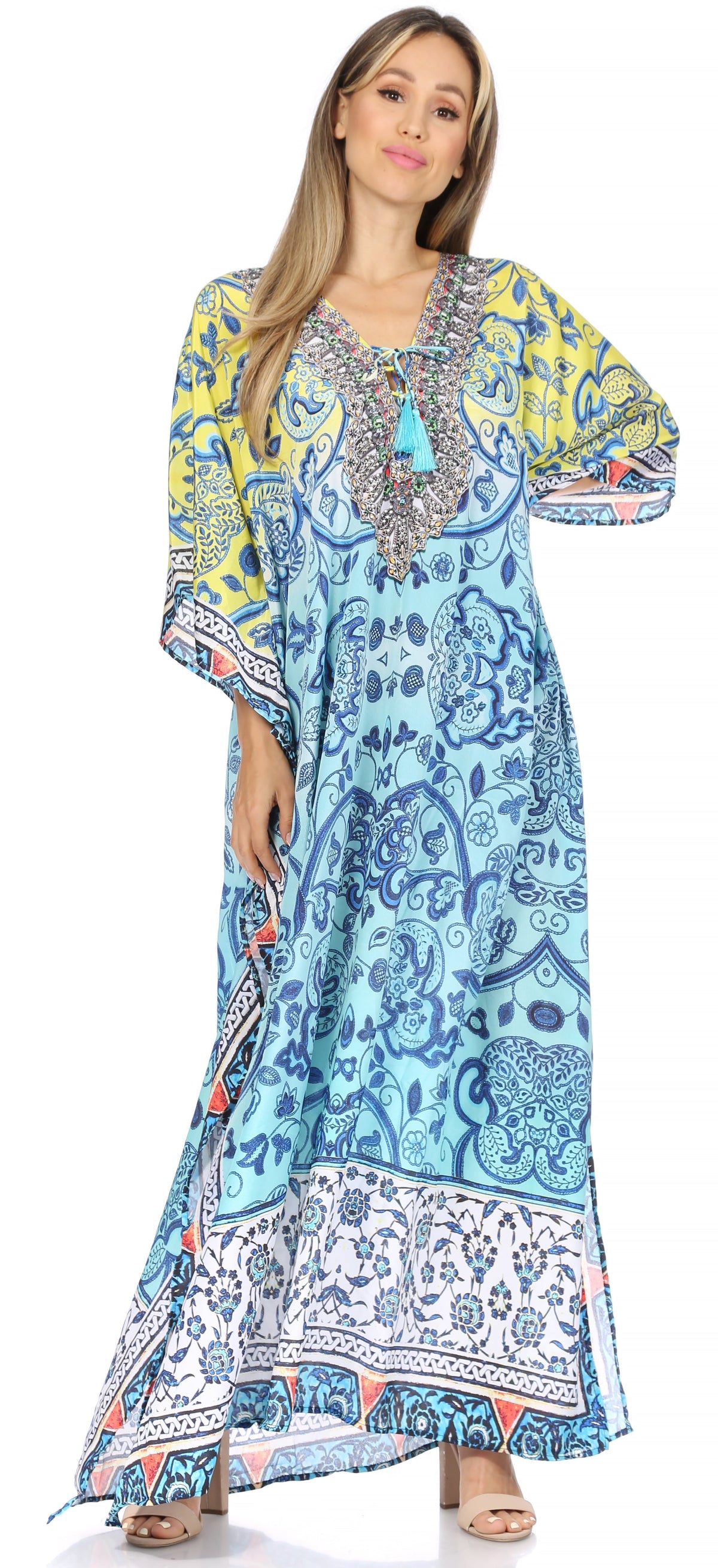 Sakkas Georgettina Flowy Rhinestone V Neck Long Caftan Dress/Cover Up Sakkas Store