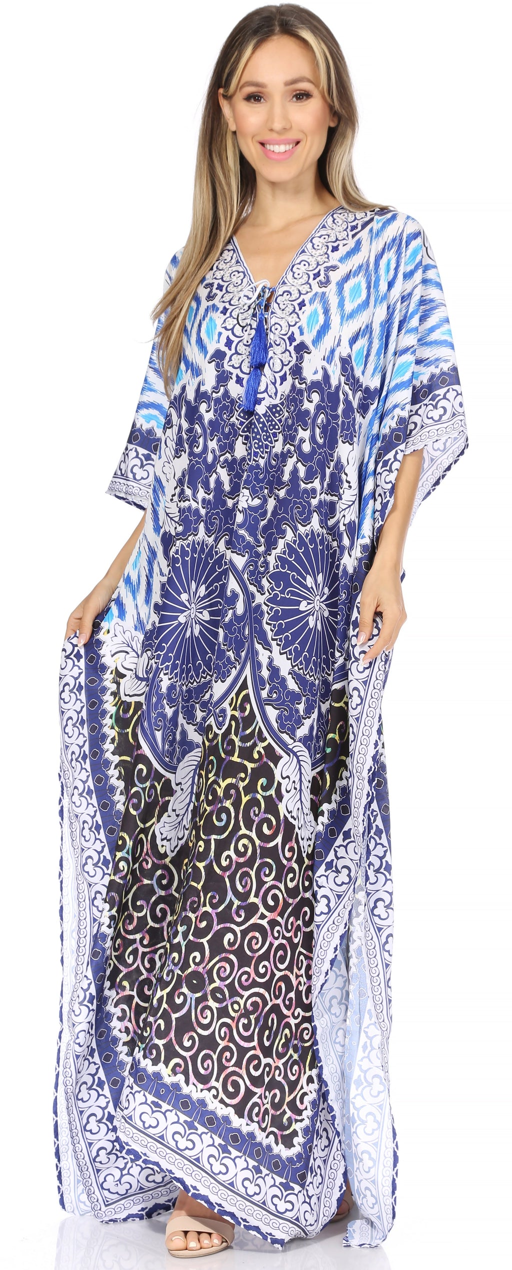 Sakkas Georgettina Flowy Rhinestone V Neck Long Caftan Dress/Cover Up Sakkas Store