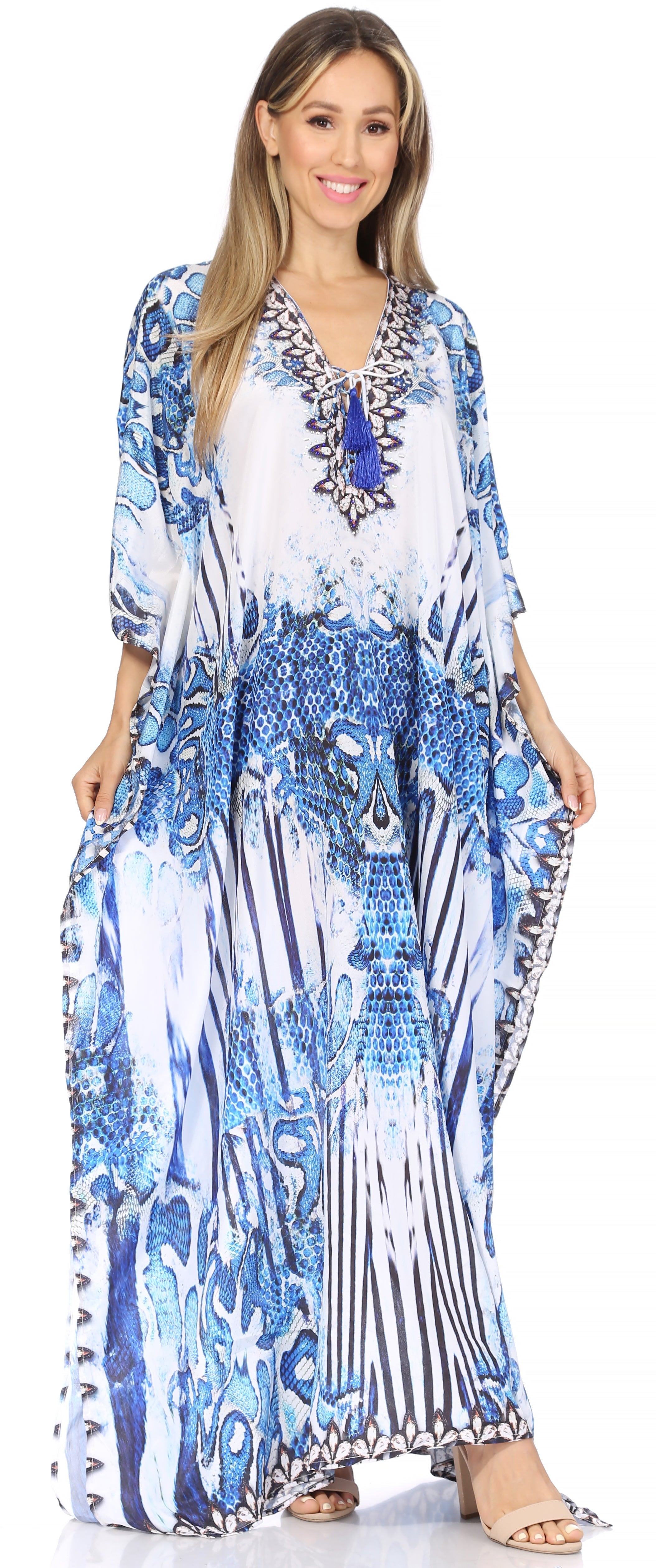 Sakkas Georgettina Flowy Rhinestone V Neck Long Caftan Dress/Cover Up Sakkas Store