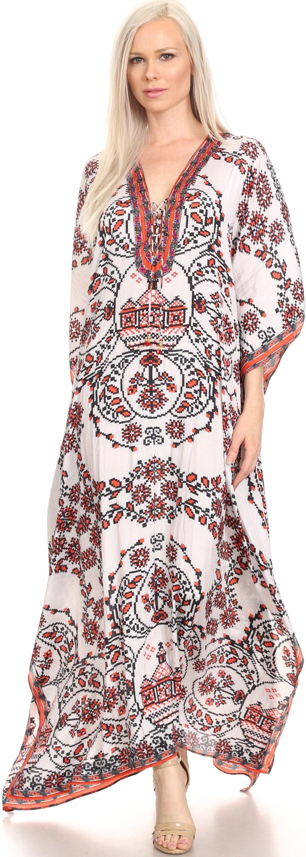 Sakkas Georgettina Flowy Rhinestone V Neck Long Caftan Dress/Cover Up Sakkas Store