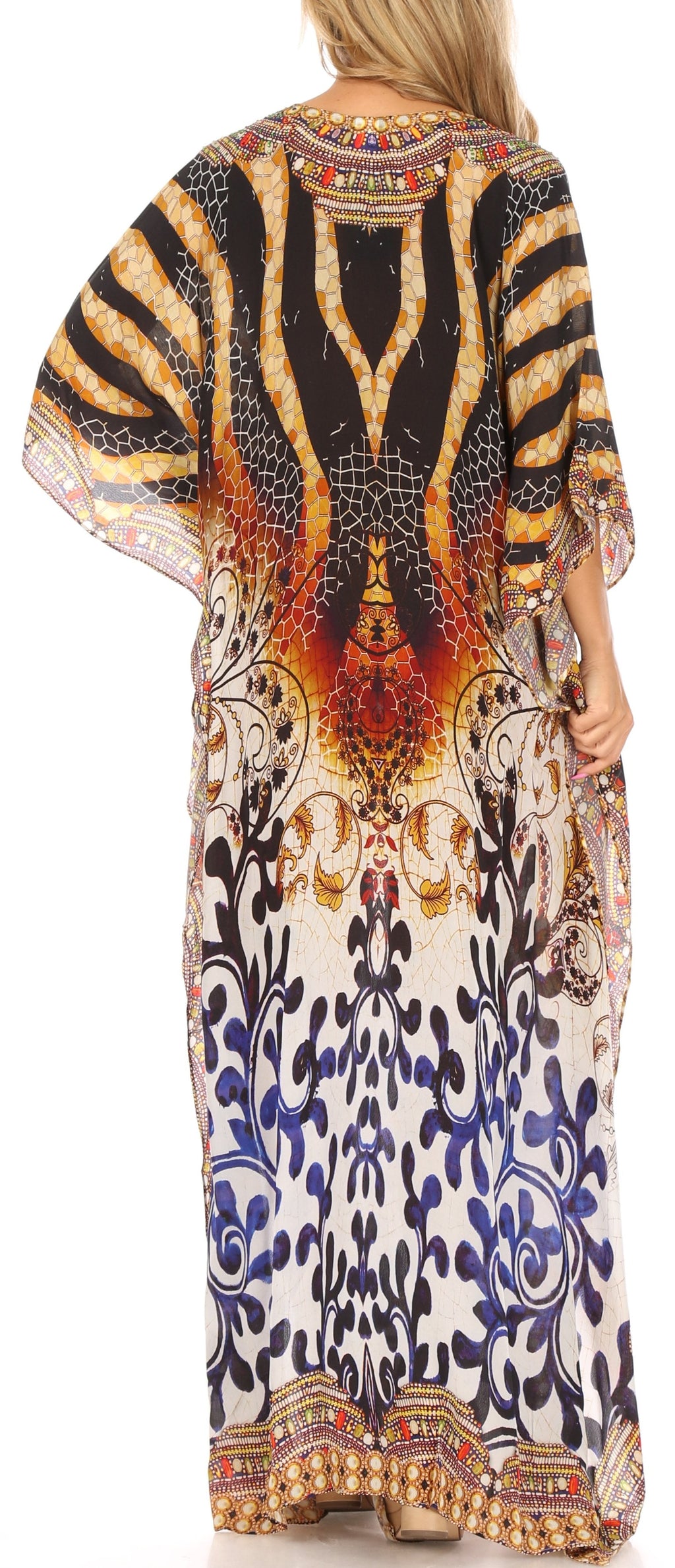 Sakkas Georgettina Flowy Rhinestone V Neck Long Caftan Dress/Cover Up Sakkas Store