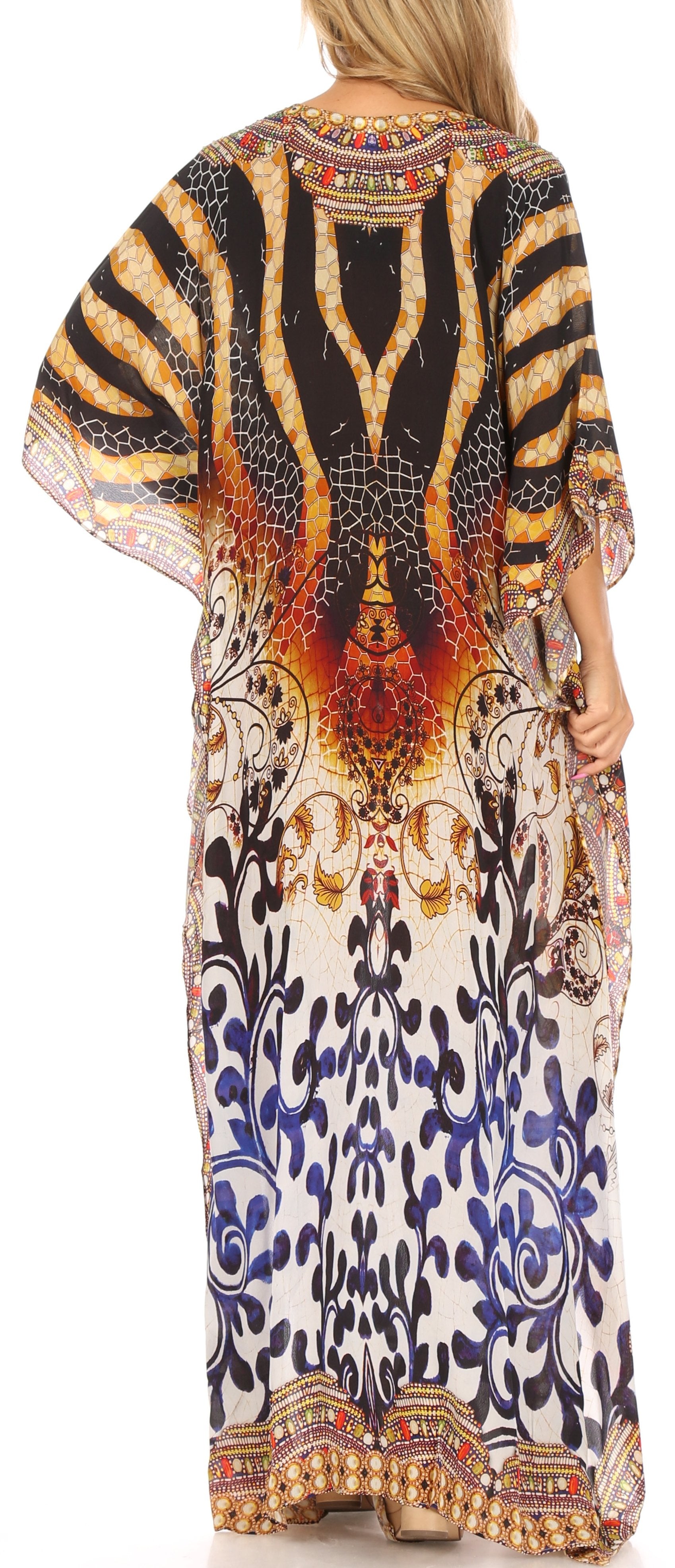 Sakkas Georgettina Flowy Rhinestone V Neck Long Caftan Dress/Cover Up Sakkas Store
