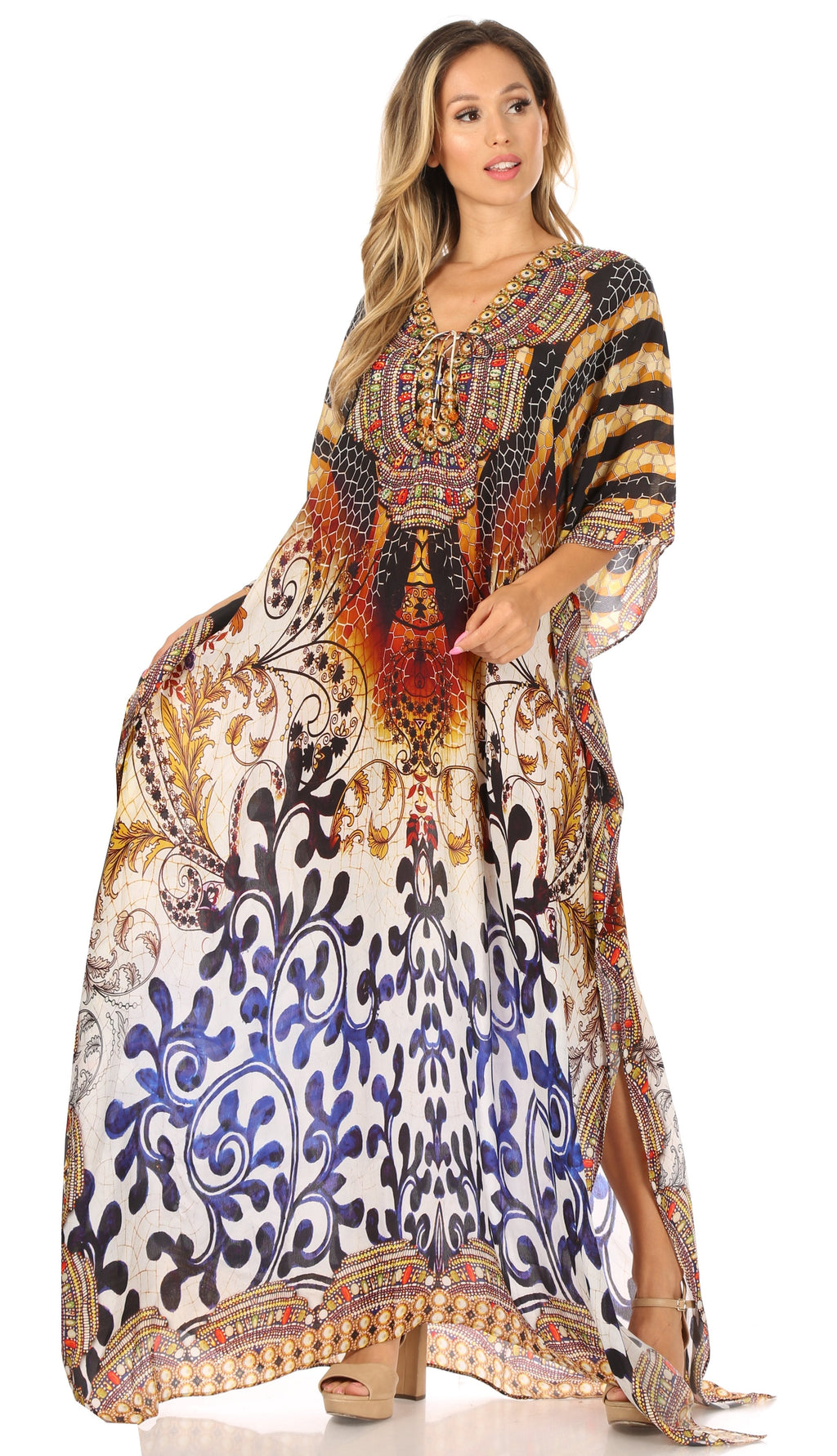 Sakkas Georgettina Flowy Rhinestone V Neck Long Caftan Dress/Cover Up Sakkas Store