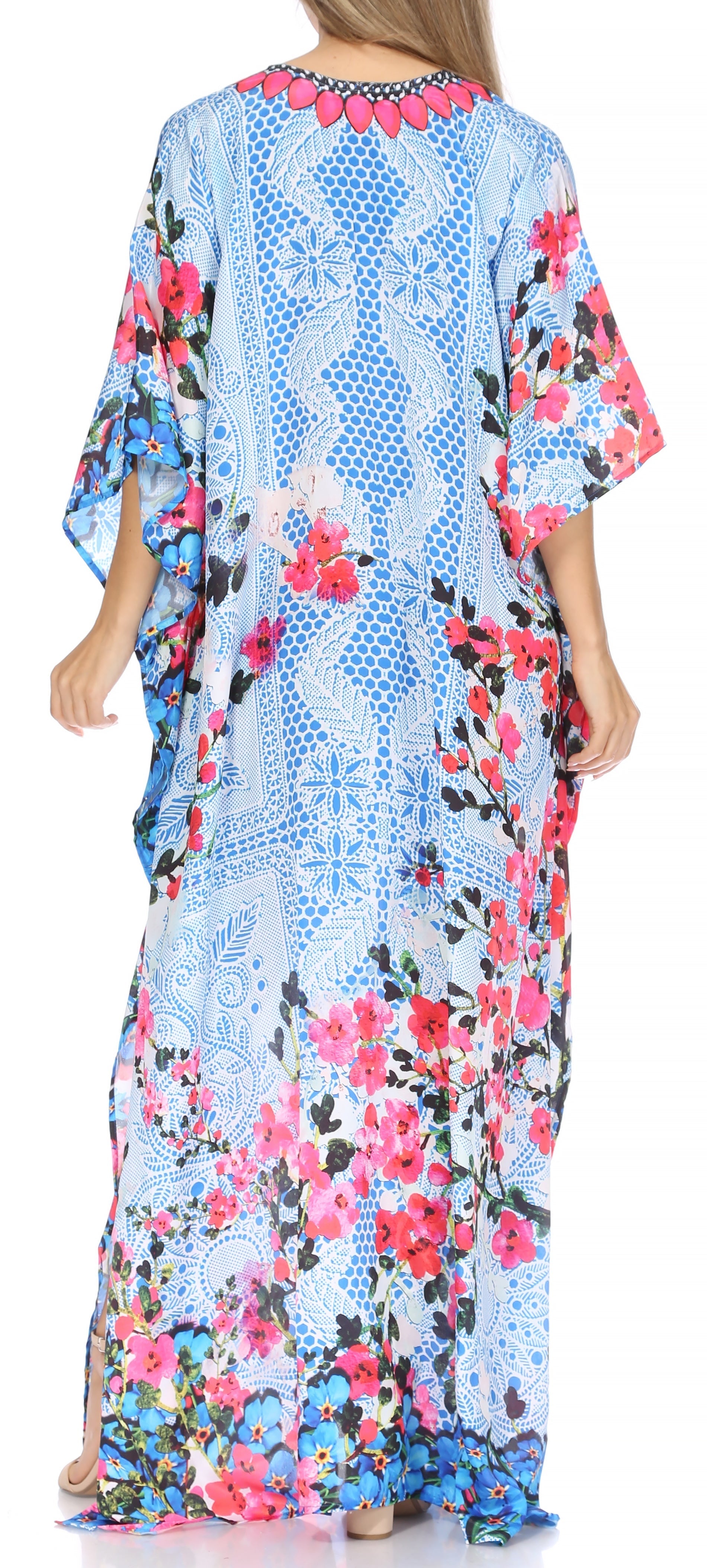 Sakkas Georgettina Flowy Rhinestone V Neck Long Caftan Dress/Cover Up Sakkas Store