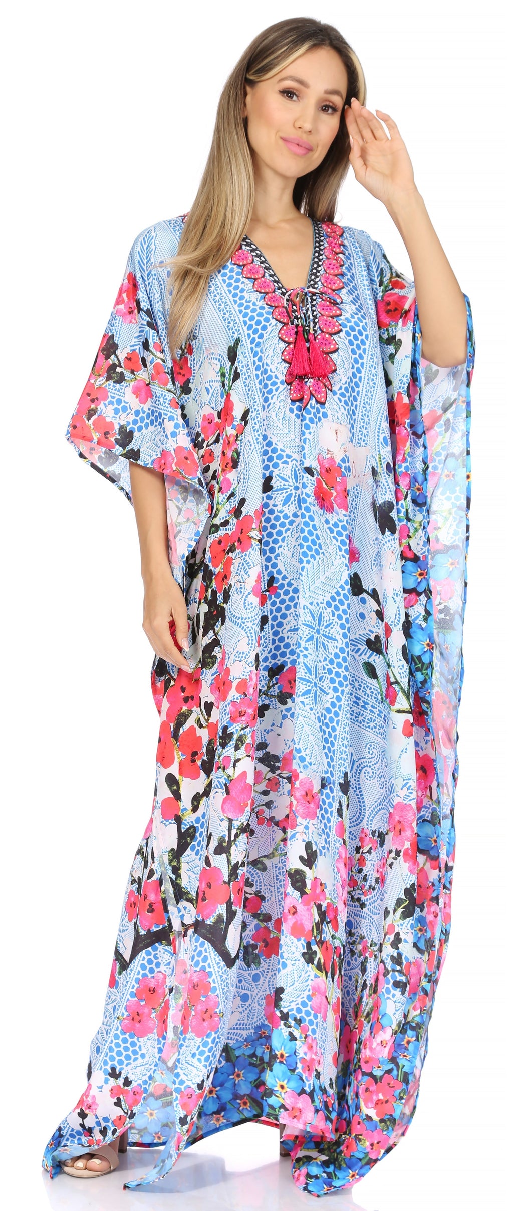 Sakkas Georgettina Flowy Rhinestone V Neck Long Caftan Dress/Cover Up Sakkas Store