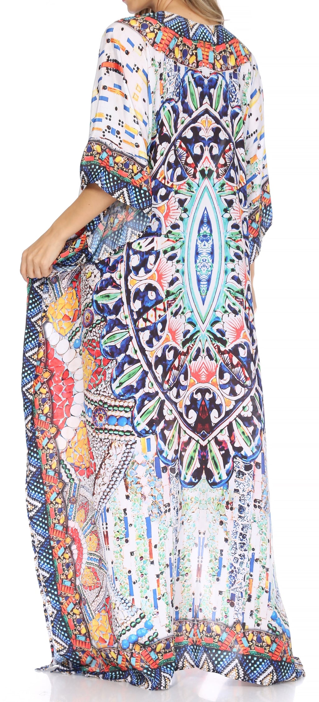Sakkas Georgettina Flowy Rhinestone V Neck Long Caftan Dress/Cover Up Sakkas Store