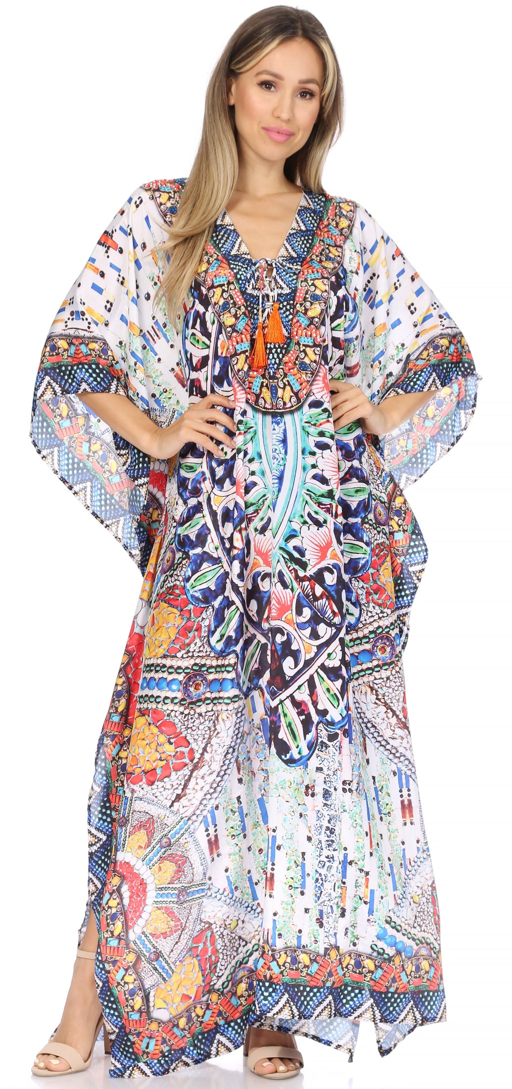 Sakkas Georgettina Flowy Rhinestone V Neck Long Caftan Dress/Cover Up Sakkas Store