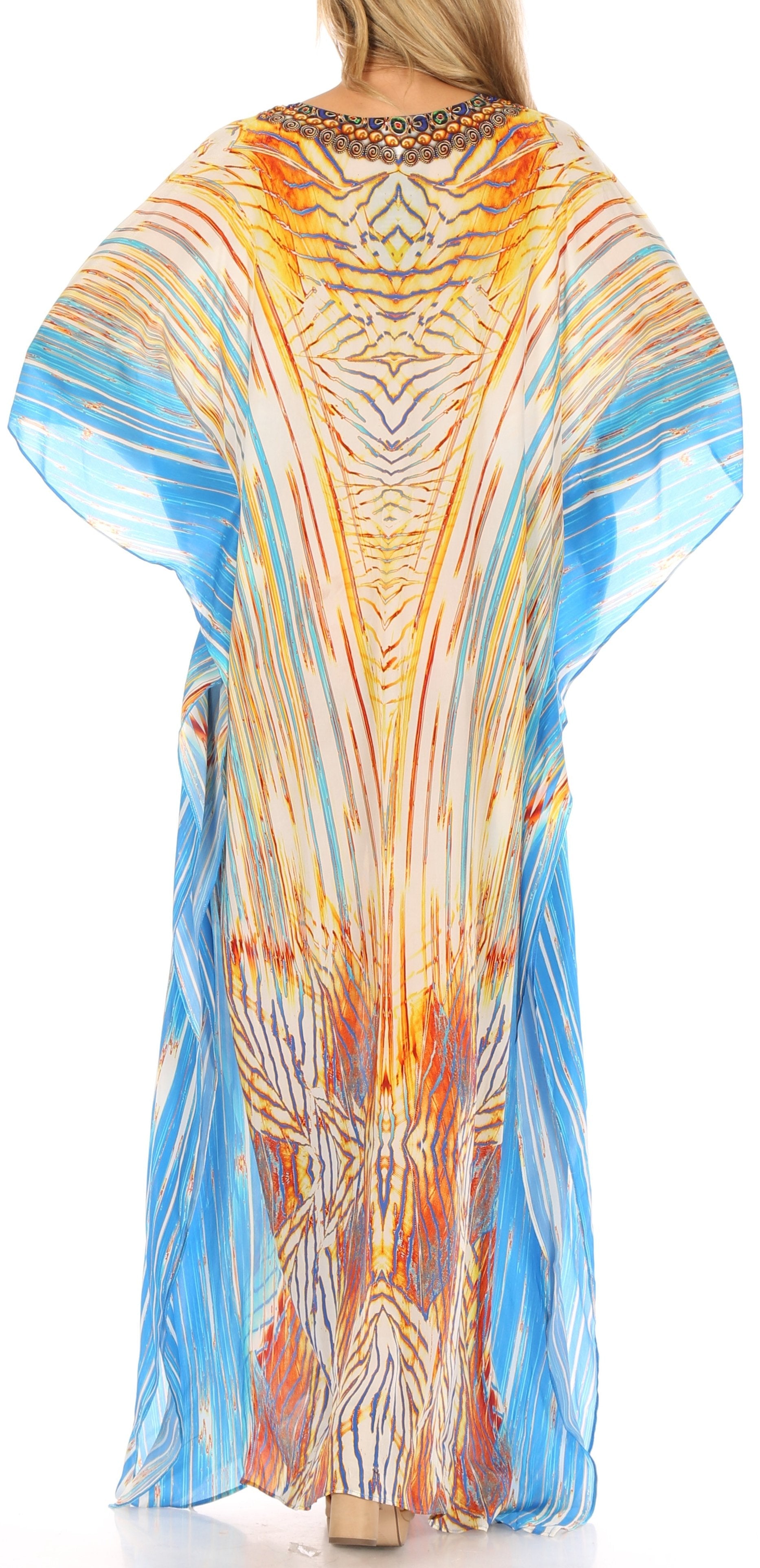 Sakkas Georgettina Flowy Rhinestone V Neck Long Caftan Dress/Cover Up Sakkas Store