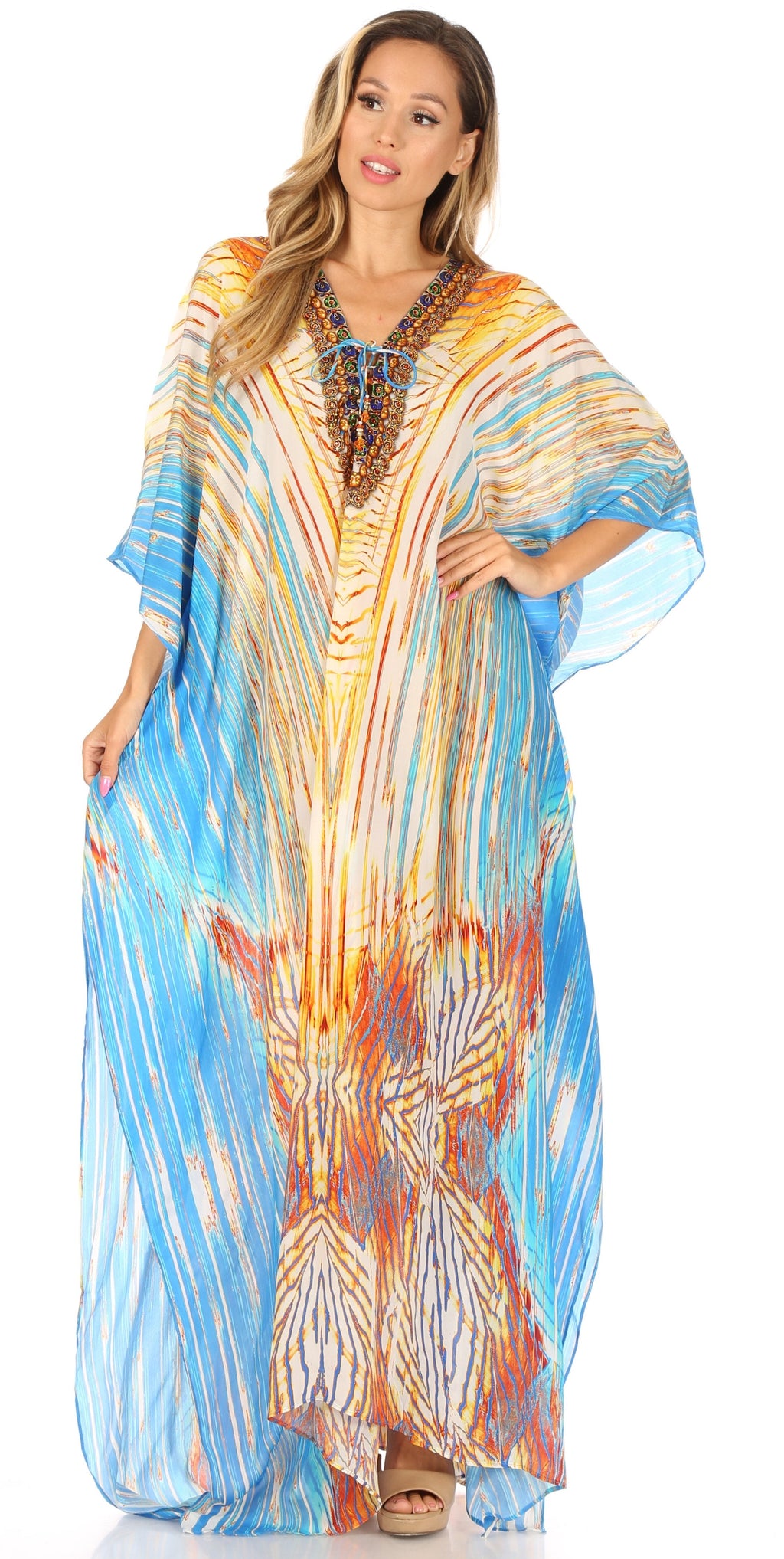Sakkas Georgettina Flowy Rhinestone V Neck Long Caftan Dress/Cover Up Sakkas Store