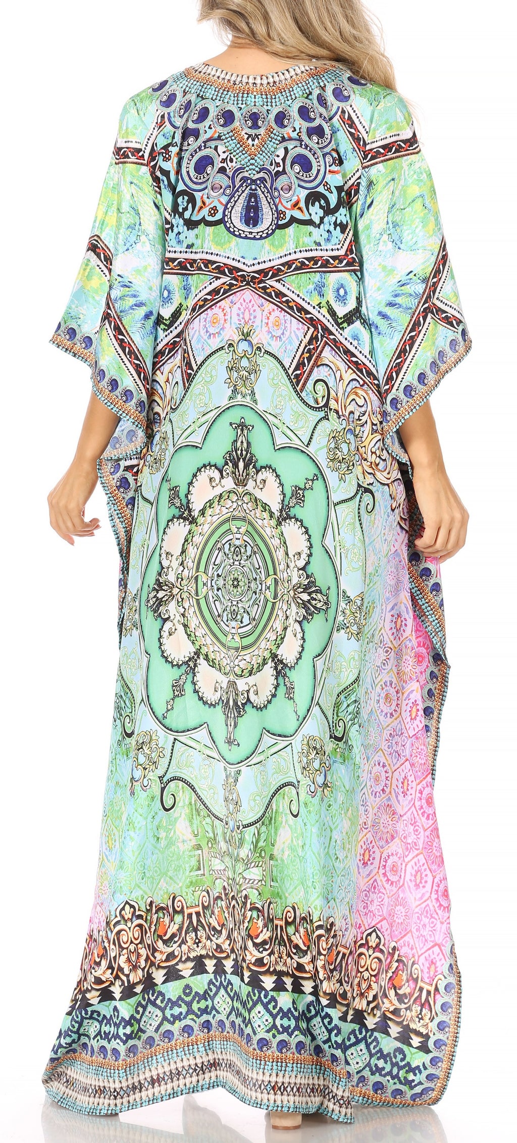 Sakkas Georgettina Flowy Rhinestone V Neck Long Caftan Dress/Cover Up Sakkas Store