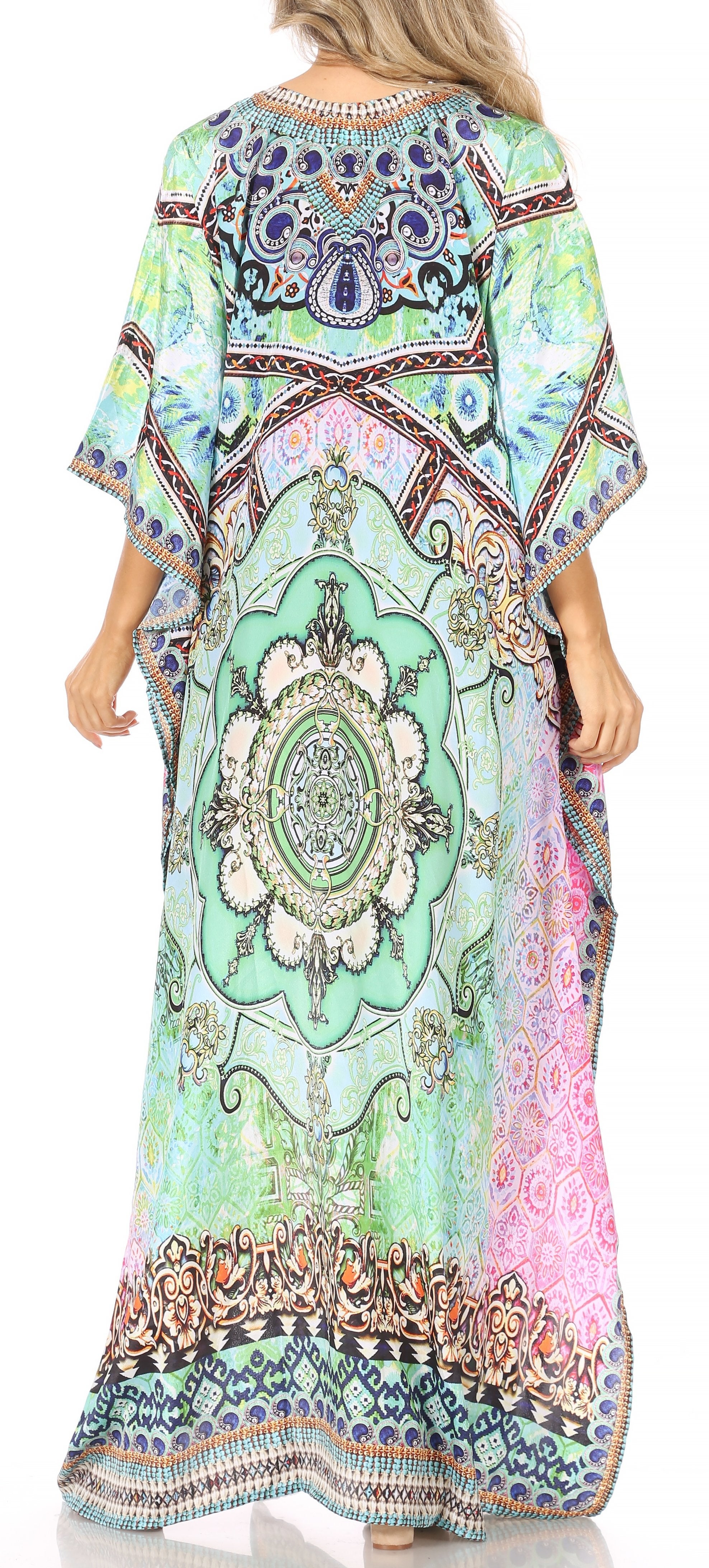 Sakkas Georgettina Flowy Rhinestone V Neck Long Caftan Dress/Cover Up Sakkas Store