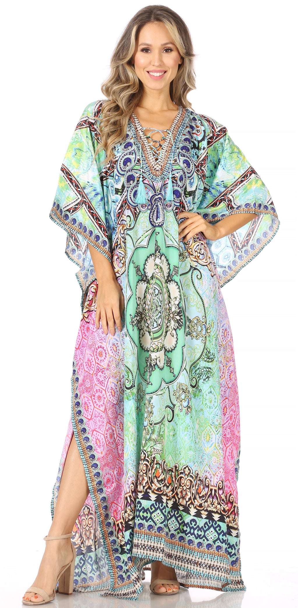 Sakkas Georgettina Flowy Rhinestone V Neck Long Caftan Dress/Cover Up Sakkas Store