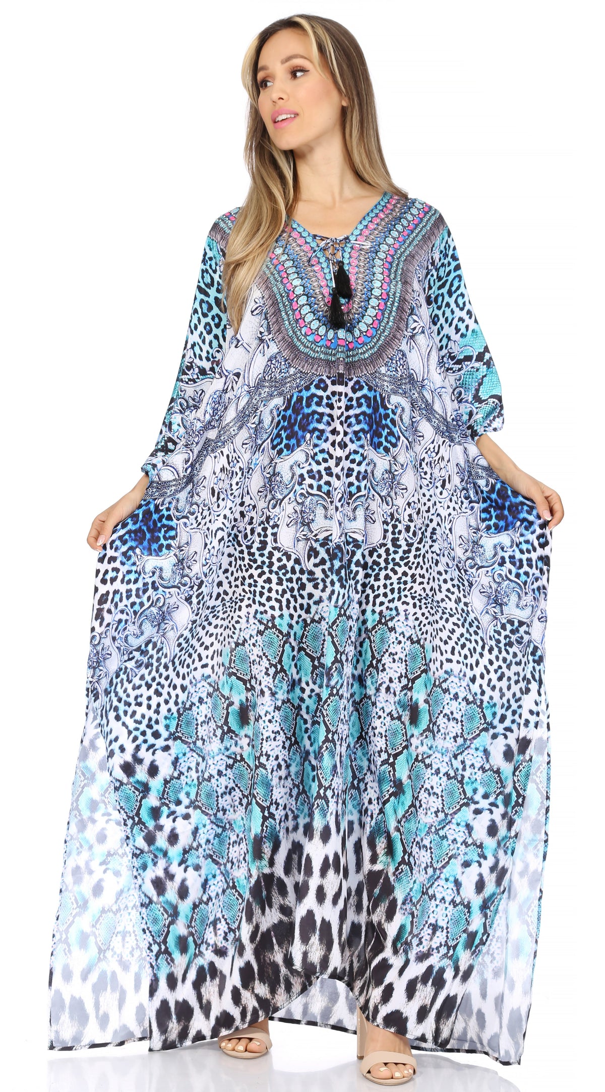 Sakkas Georgettina Flowy Rhinestone V Neck Long Caftan Dress/Cover Up Sakkas Store