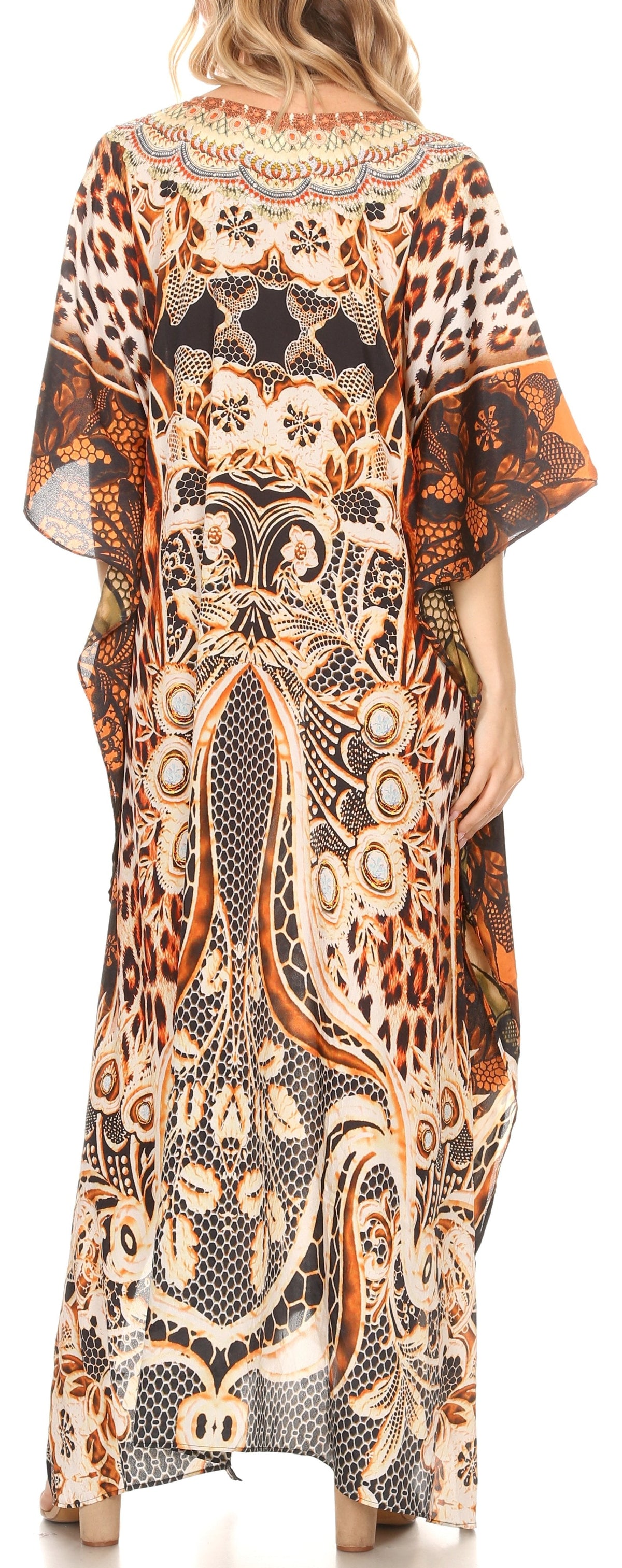 Sakkas Georgettina Flowy Rhinestone V Neck Long Caftan Dress/Cover Up Sakkas Store