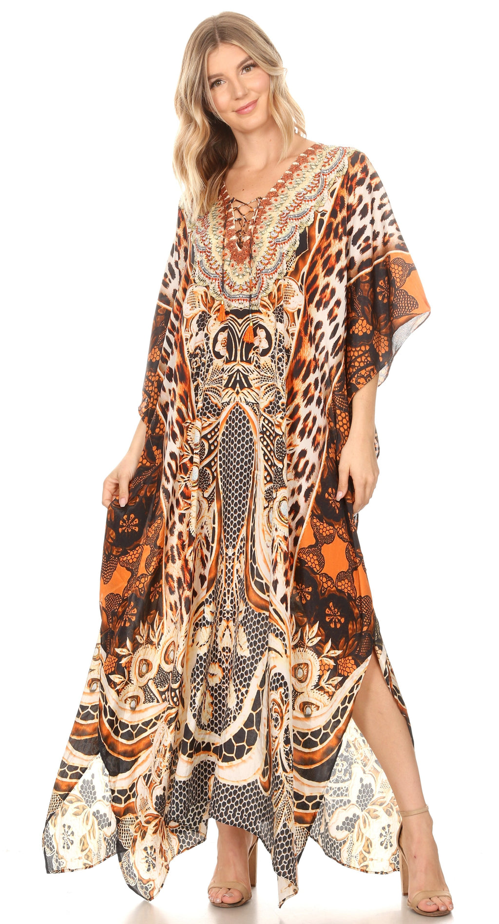 Sakkas Georgettina Flowy Rhinestone V Neck Long Caftan Dress/Cover Up Sakkas Store