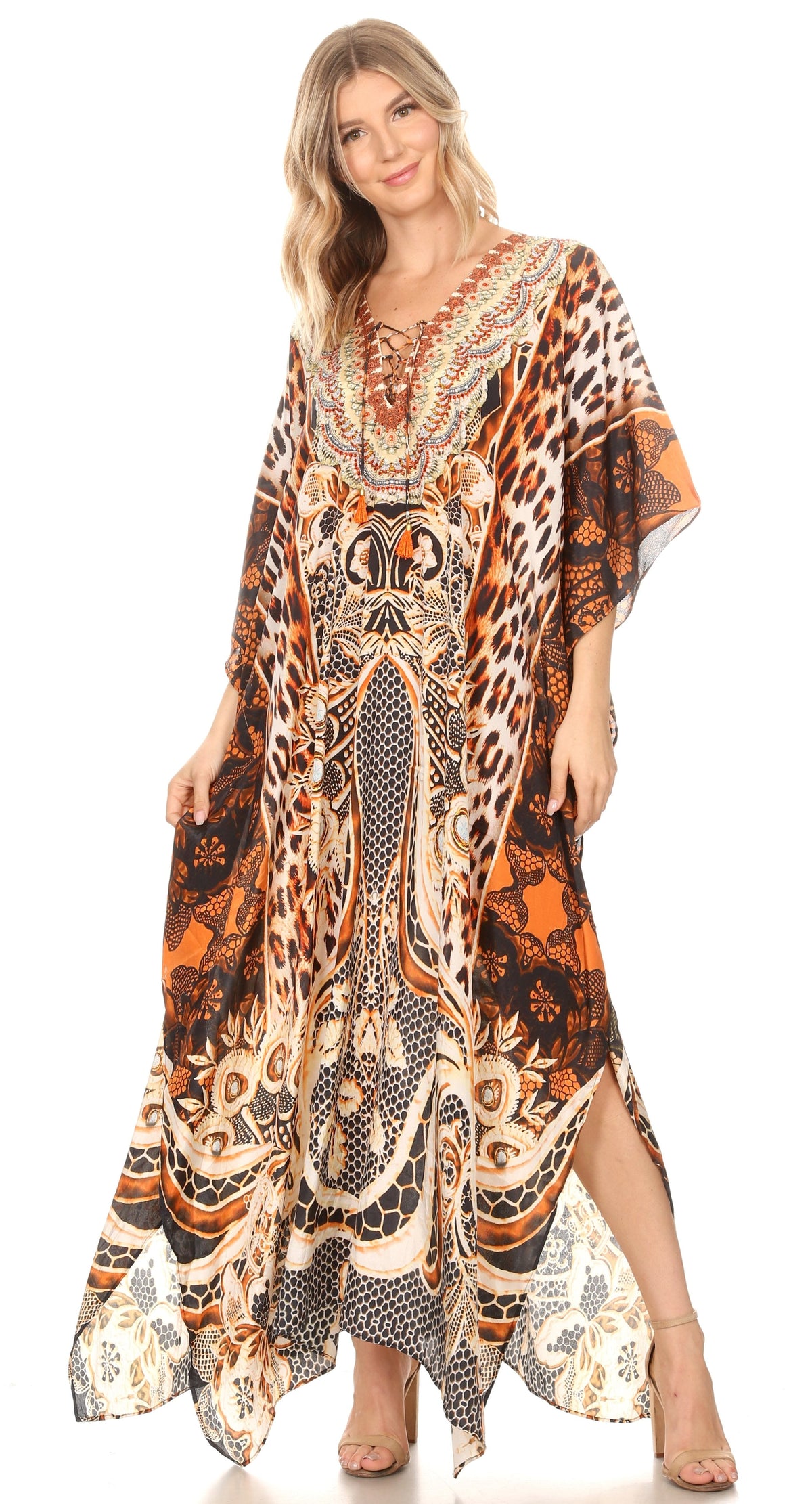 Sakkas Georgettina Flowy Rhinestone V Neck Long Caftan Dress/Cover Up Sakkas Store