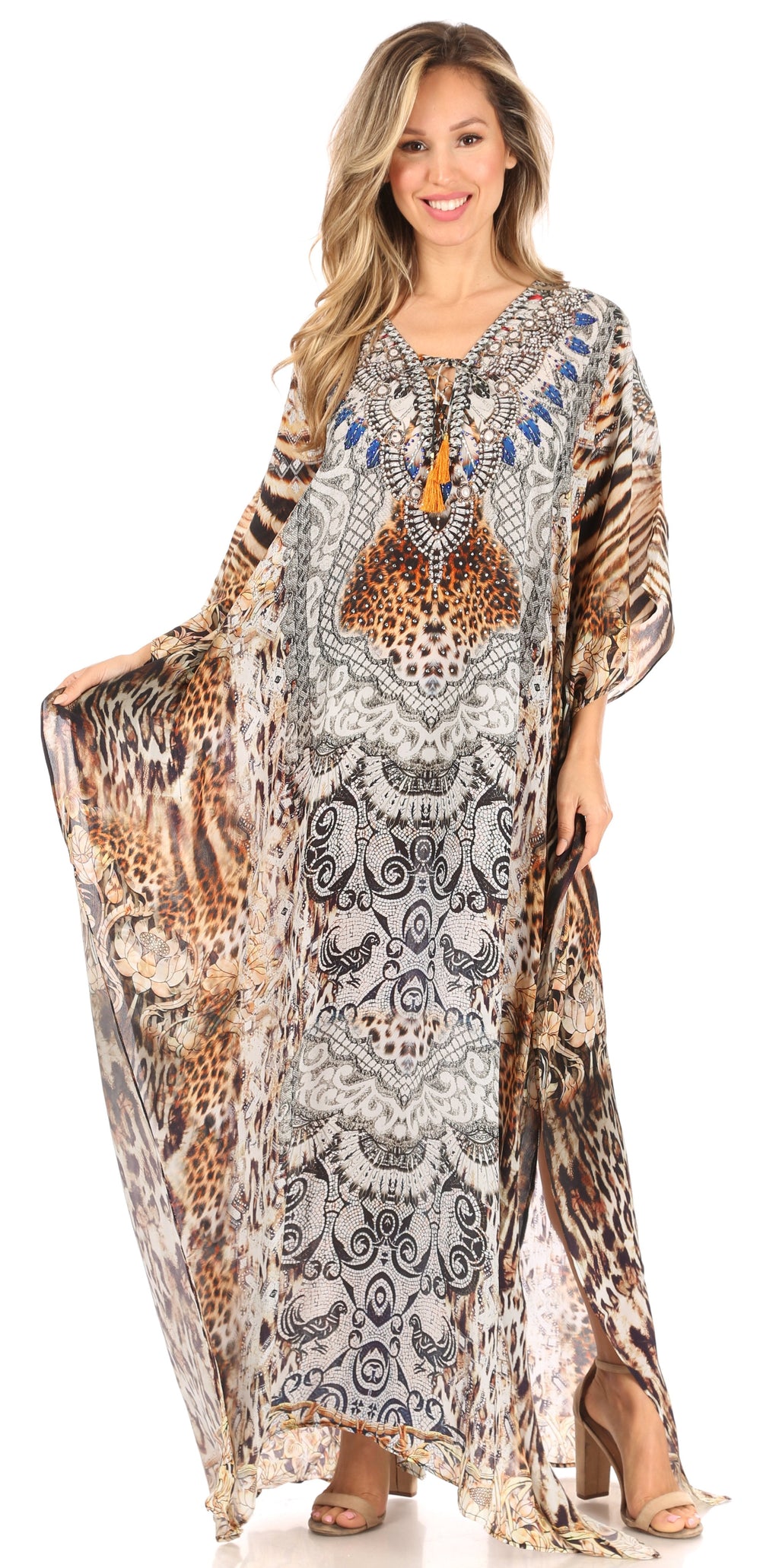 Sakkas Georgettina Flowy Rhinestone V Neck Long Caftan Dress/Cover Up Sakkas Store