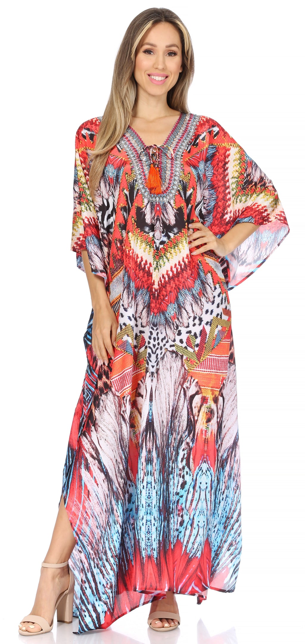 Sakkas Georgettina Flowy Rhinestone V Neck Long Caftan Dress/Cover Up Sakkas Store