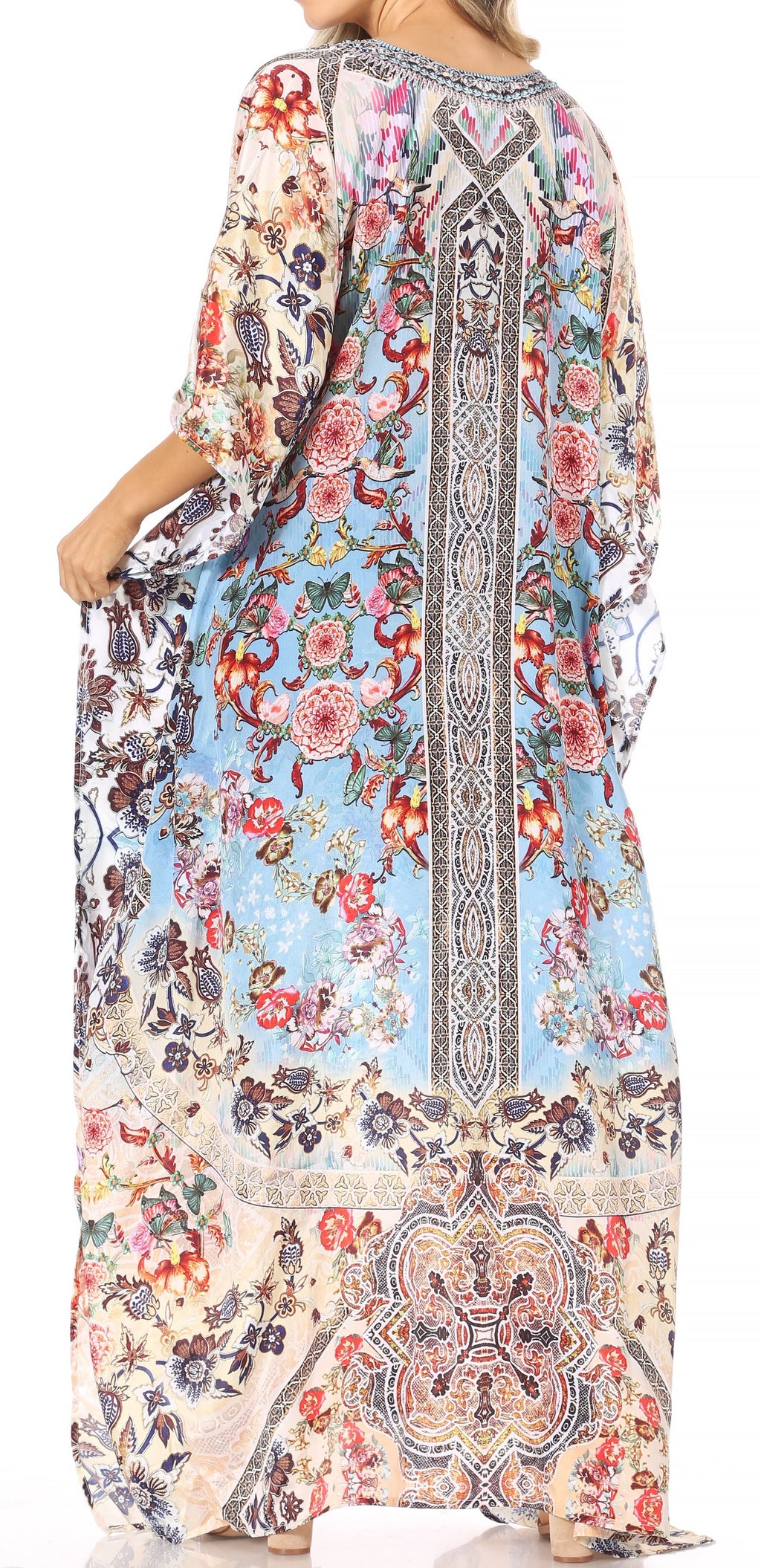 Sakkas Georgettina Flowy Rhinestone V Neck Long Caftan Dress/Cover Up Sakkas Store