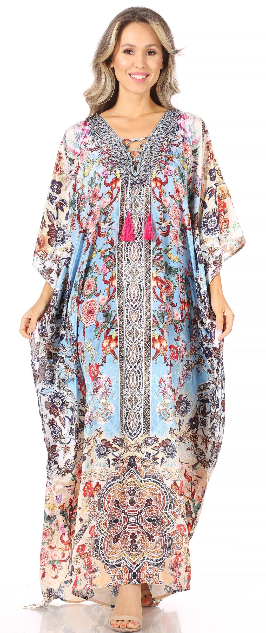Sakkas Georgettina Flowy Rhinestone V Neck Long Caftan Dress/Cover Up Sakkas Store