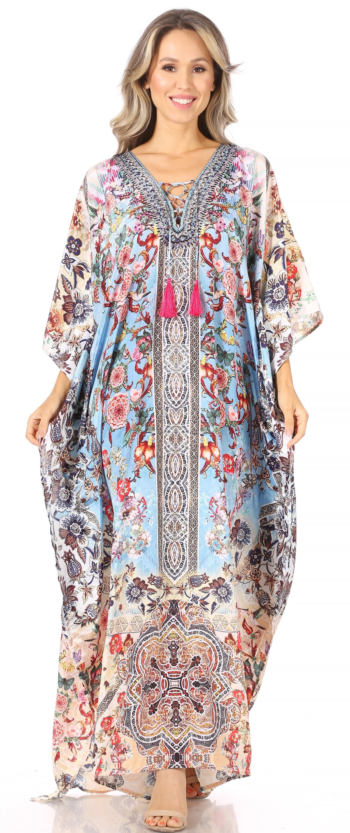 Sakkas Georgettina Flowy Rhinestone V Neck Long Caftan Dress/Cover Up Sakkas Store
