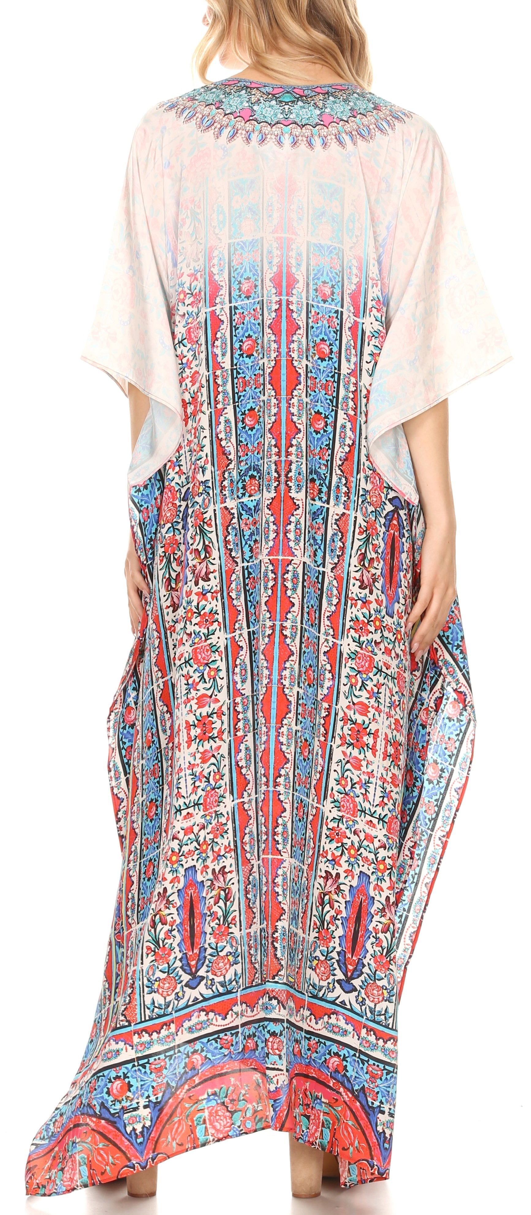 Sakkas Georgettina Flowy Rhinestone V Neck Long Caftan Dress/Cover Up Sakkas Store