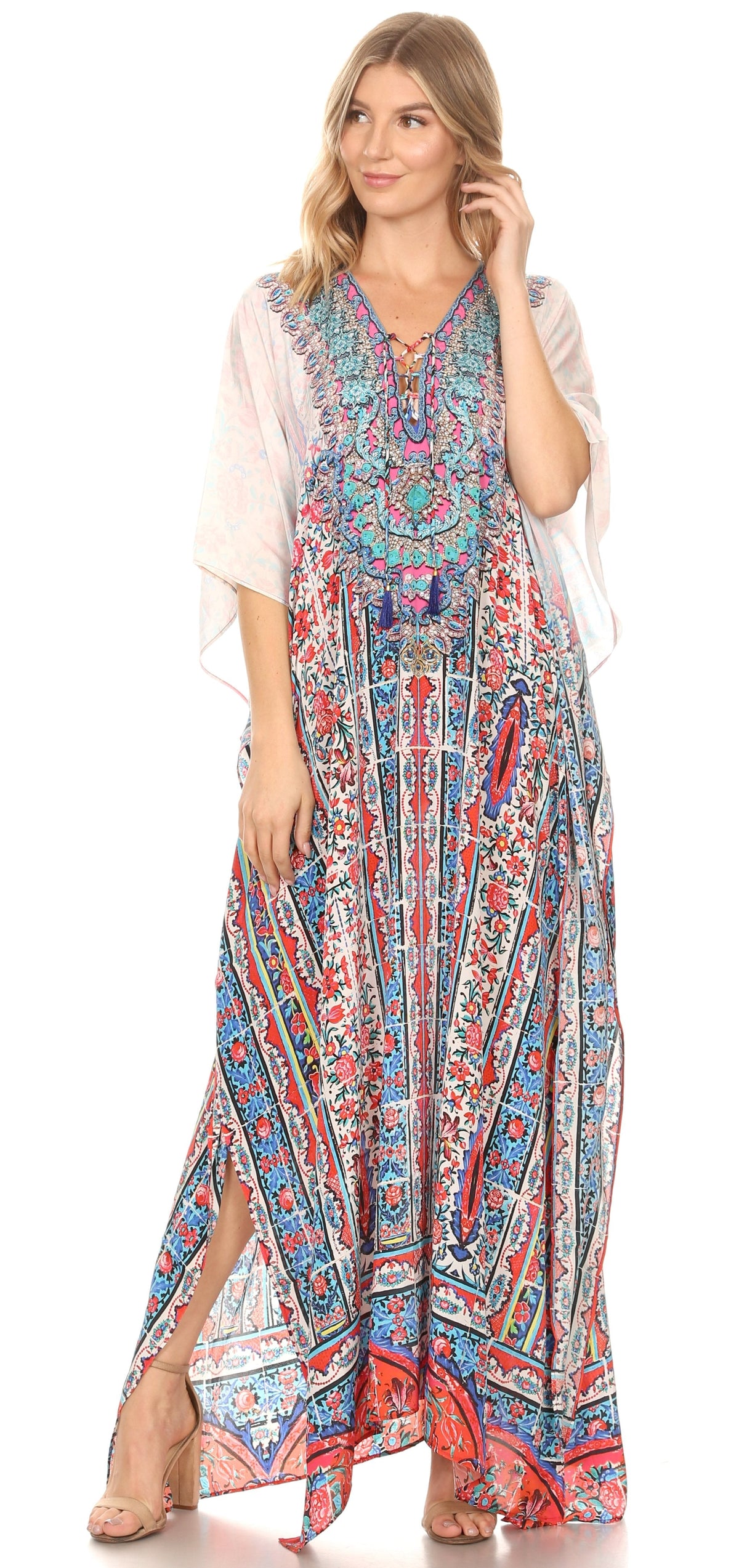 Sakkas Georgettina Flowy Rhinestone V Neck Long Caftan Dress/Cover Up Sakkas Store