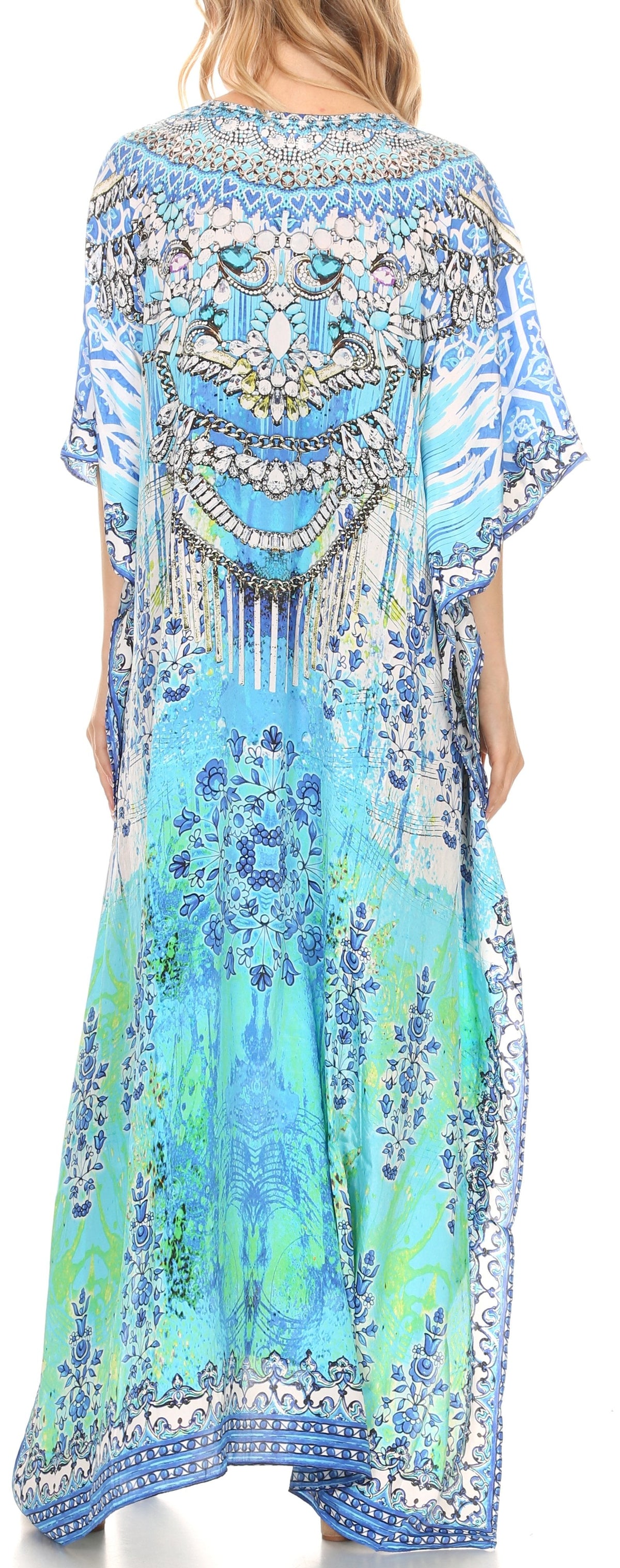 Sakkas Georgettina Flowy Rhinestone V Neck Long Caftan Dress/Cover Up Sakkas Store