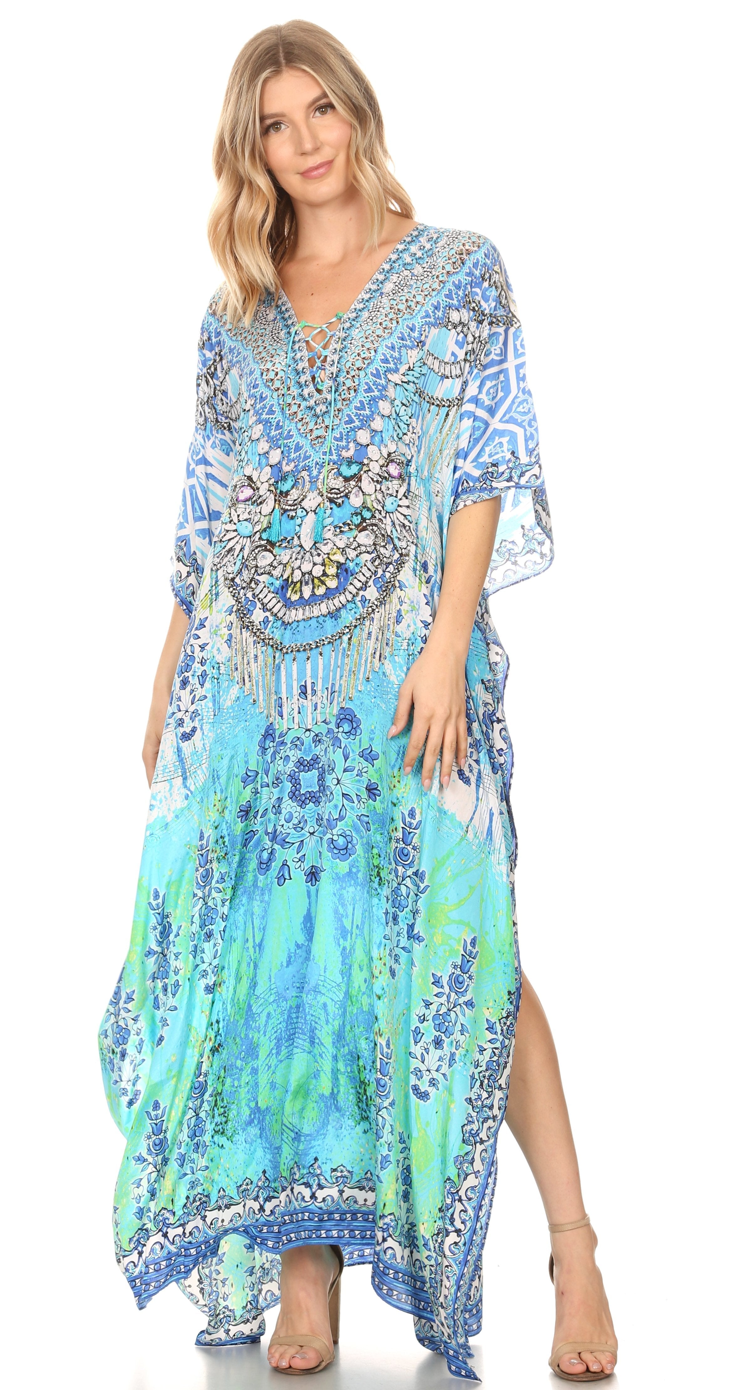 Sakkas Georgettina Flowy Rhinestone V Neck Long Caftan Dress/Cover Up Sakkas Store