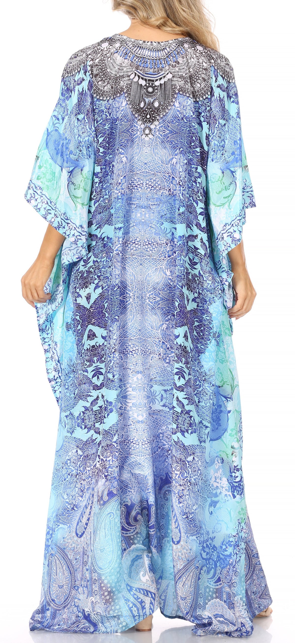 Sakkas Georgettina Flowy Rhinestone V Neck Long Caftan Dress/Cover Up Sakkas Store