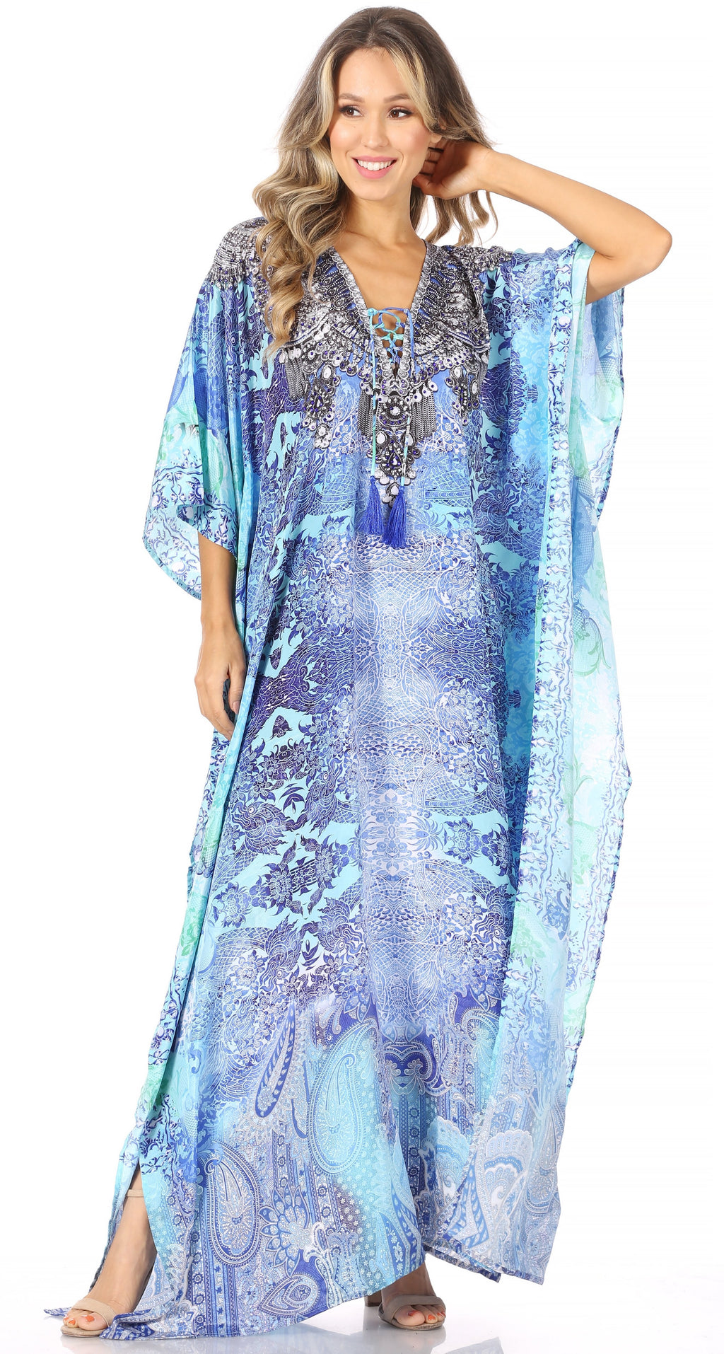 Sakkas Georgettina Flowy Rhinestone V Neck Long Caftan Dress/Cover Up Sakkas Store