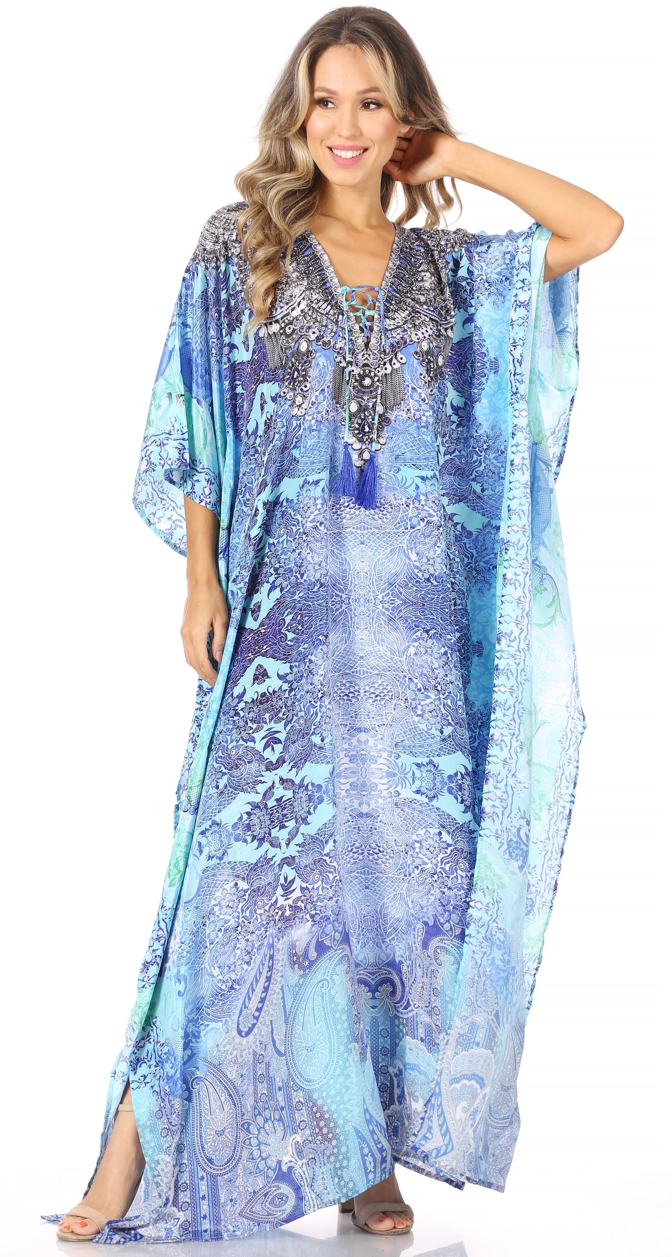 Sakkas Georgettina Flowy Rhinestone V Neck Long Caftan Dress/Cover Up Sakkas Store