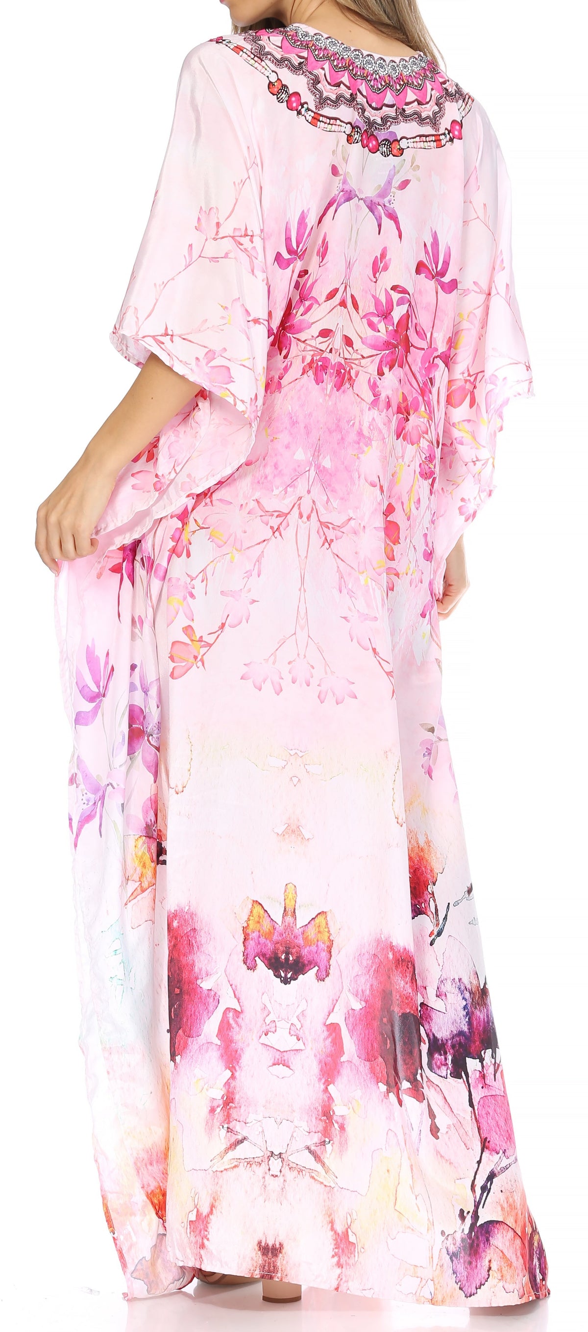 Sakkas Georgettina Flowy Rhinestone V Neck Long Caftan Dress/Cover Up Sakkas Store