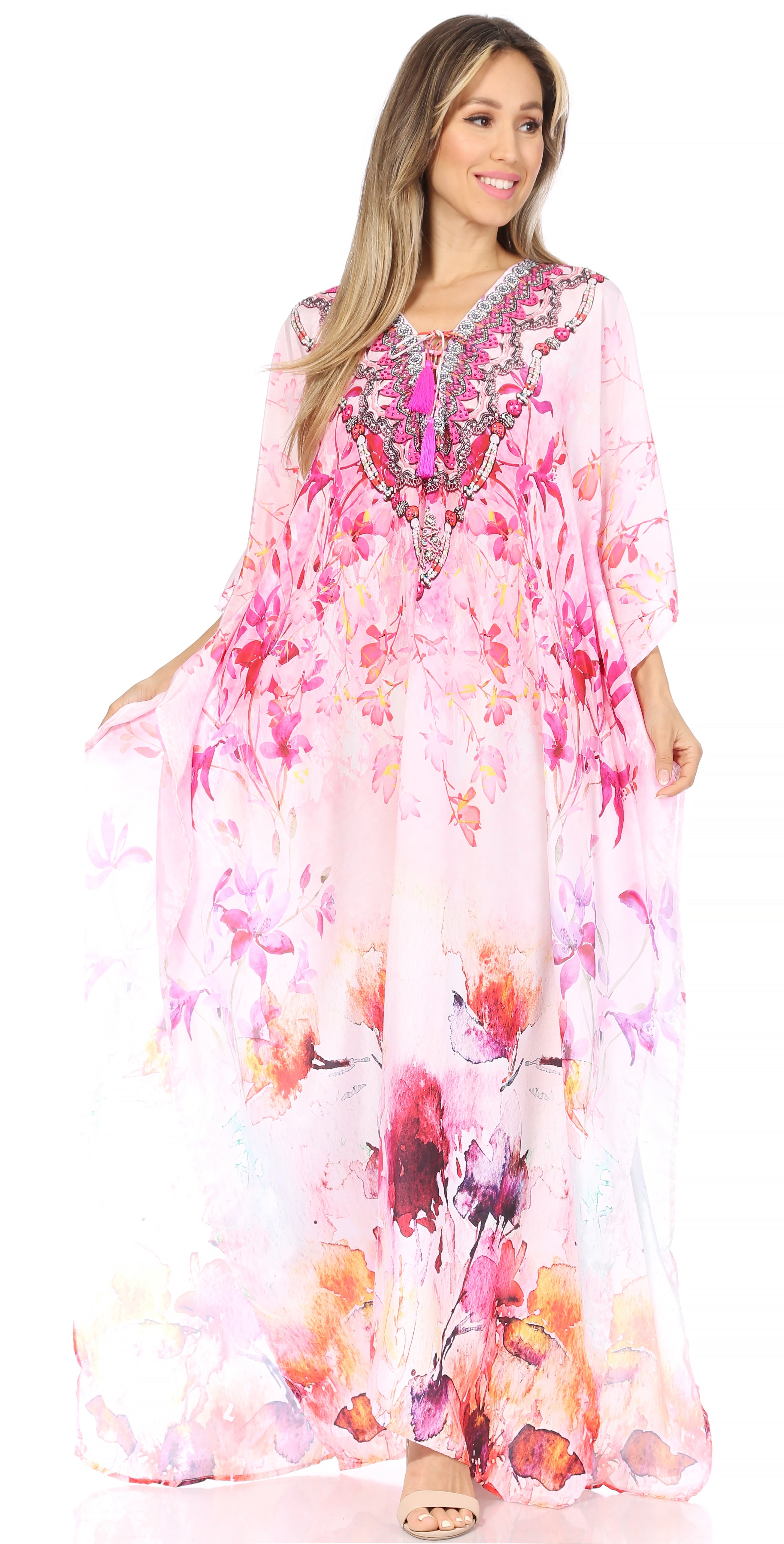 Sakkas Georgettina Flowy Rhinestone V Neck Long Caftan Dress/Cover Up Sakkas Store