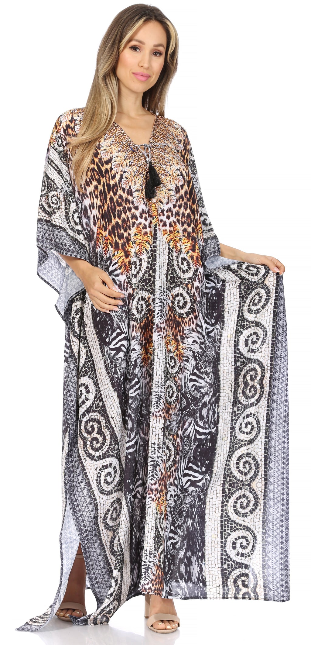 Sakkas Georgettina Flowy Rhinestone V Neck Long Caftan Dress/Cover Up Sakkas Store