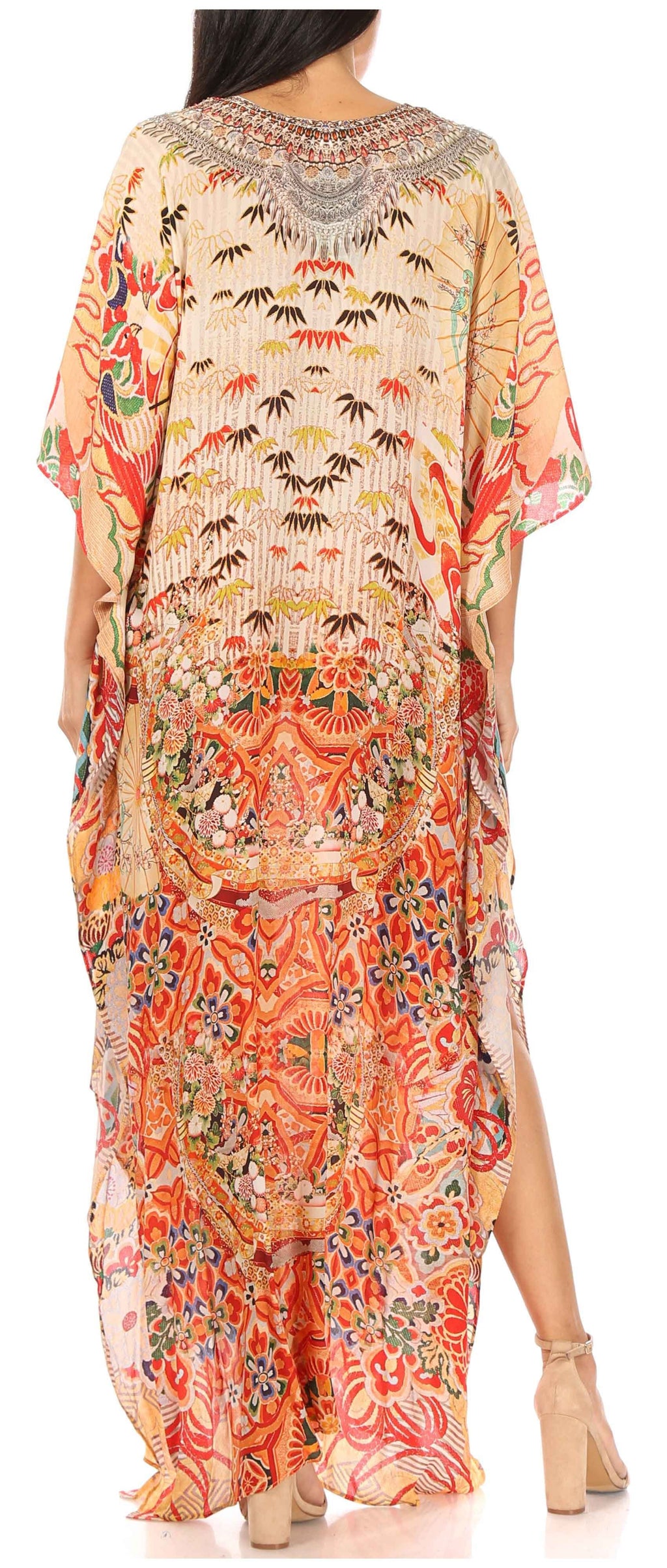 Sakkas Georgettina Flowy Rhinestone V Neck Long Caftan Dress/Cover Up Sakkas Store