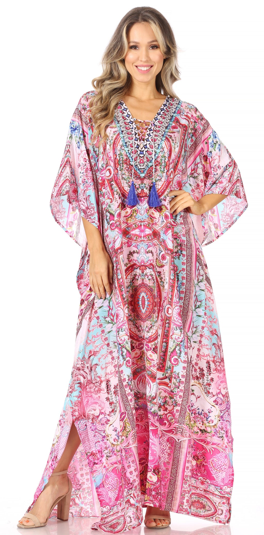 Sakkas Georgettina Flowy Rhinestone V Neck Long Caftan Dress/Cover Up Sakkas Store