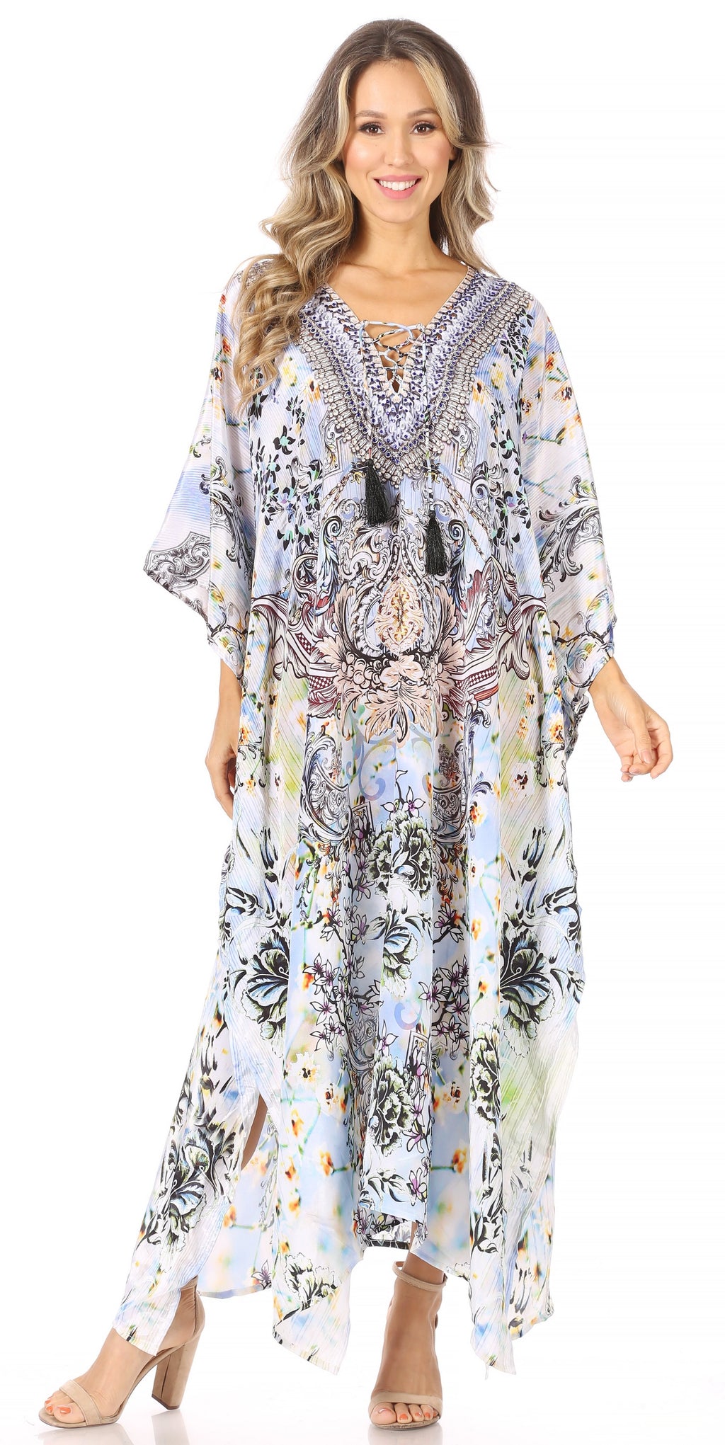Sakkas Georgettina Flowy Rhinestone V Neck Long Caftan Dress/Cover Up Sakkas Store